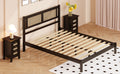3 Pieces Bedroom Sets Queen Size Wooden Platform Bed With Natural Rattan Headboard, Nightstands Set Of 2 With Rattan Woven Surfaces And Three Drawers For Bedroom, Black Black Particle Board