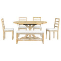 Farmhouse 6 Piece 60Inch Extendable Pedestal Dining Table Set With 18Inch Removable Leaf, 44Inch Bench And 4 Ladder Back Dining Chairs, Natural Wood Dining Room Solid Wood Rubberwood Oval Dining Table With Bench Wood Wood Natural Ladder Back Seats 6 60