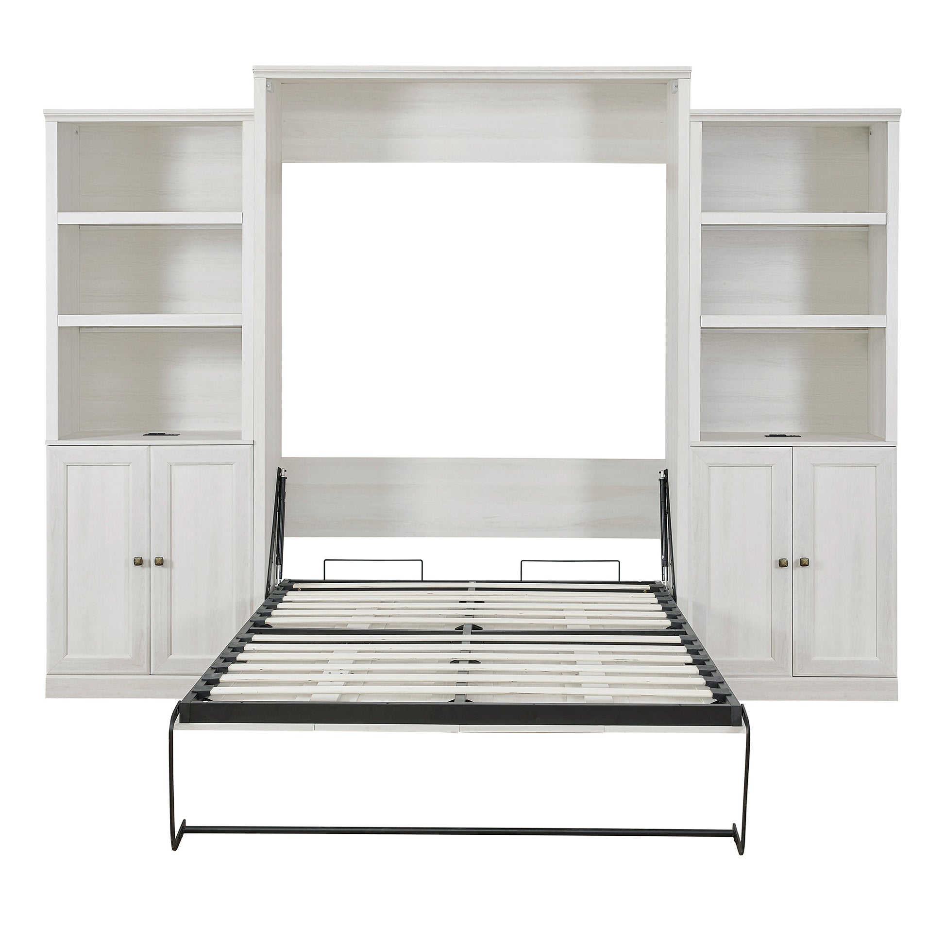 Queen Size Half Self Close And Open Murphy Bed With 2 Side Cabinet Storage Shelf, Cabinet Space Saving Bed Perfect For Guest Room, Bed Room, Guest Room, Home Office, Rustic White Box Spring Not Required Queen Rustic White Wood White Pine Murphy Solid