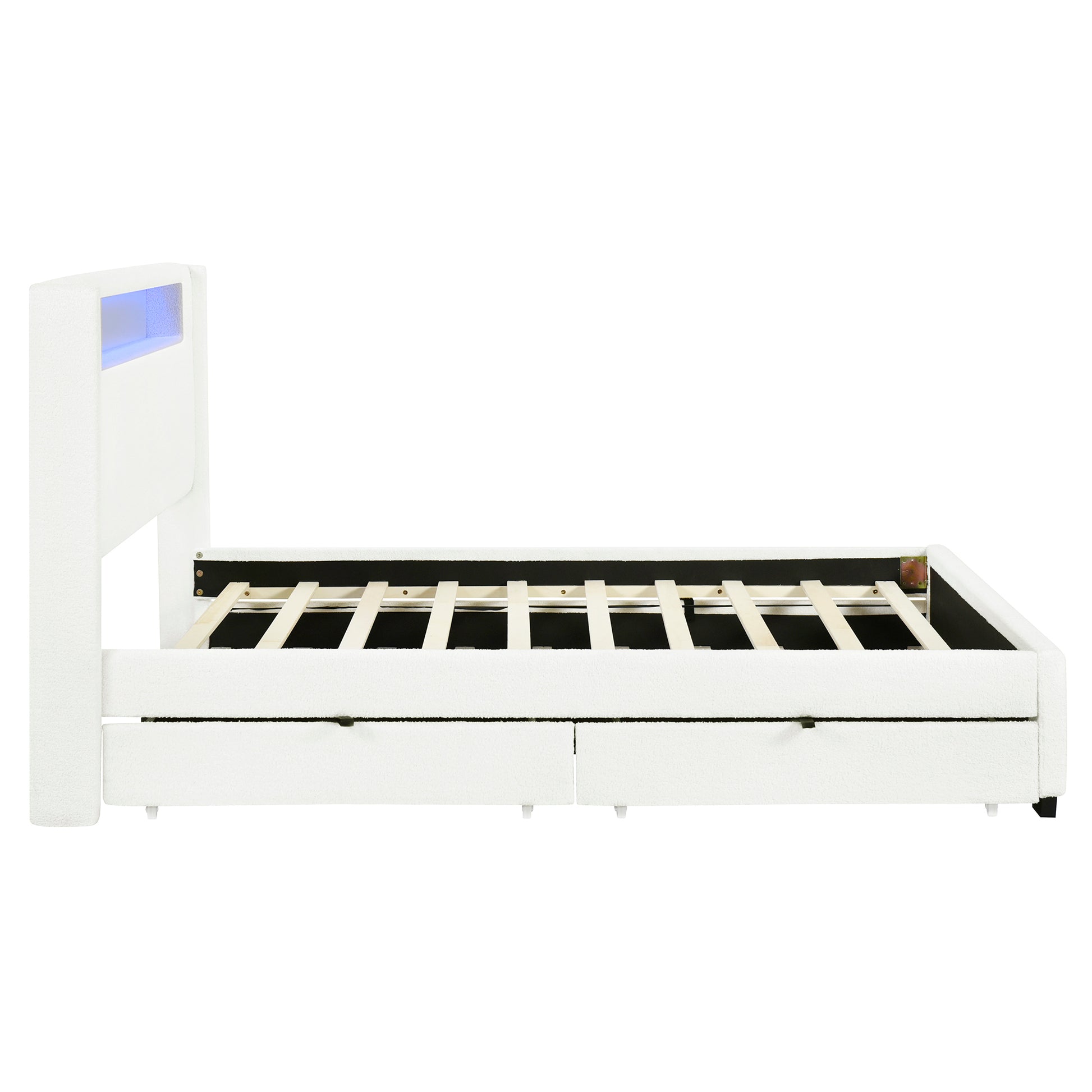 Full Size Upholstered Platform Bed With Led Frame, With Twin Size Trundle And 2 Drawers, Teddy Fleece, White White Fleece