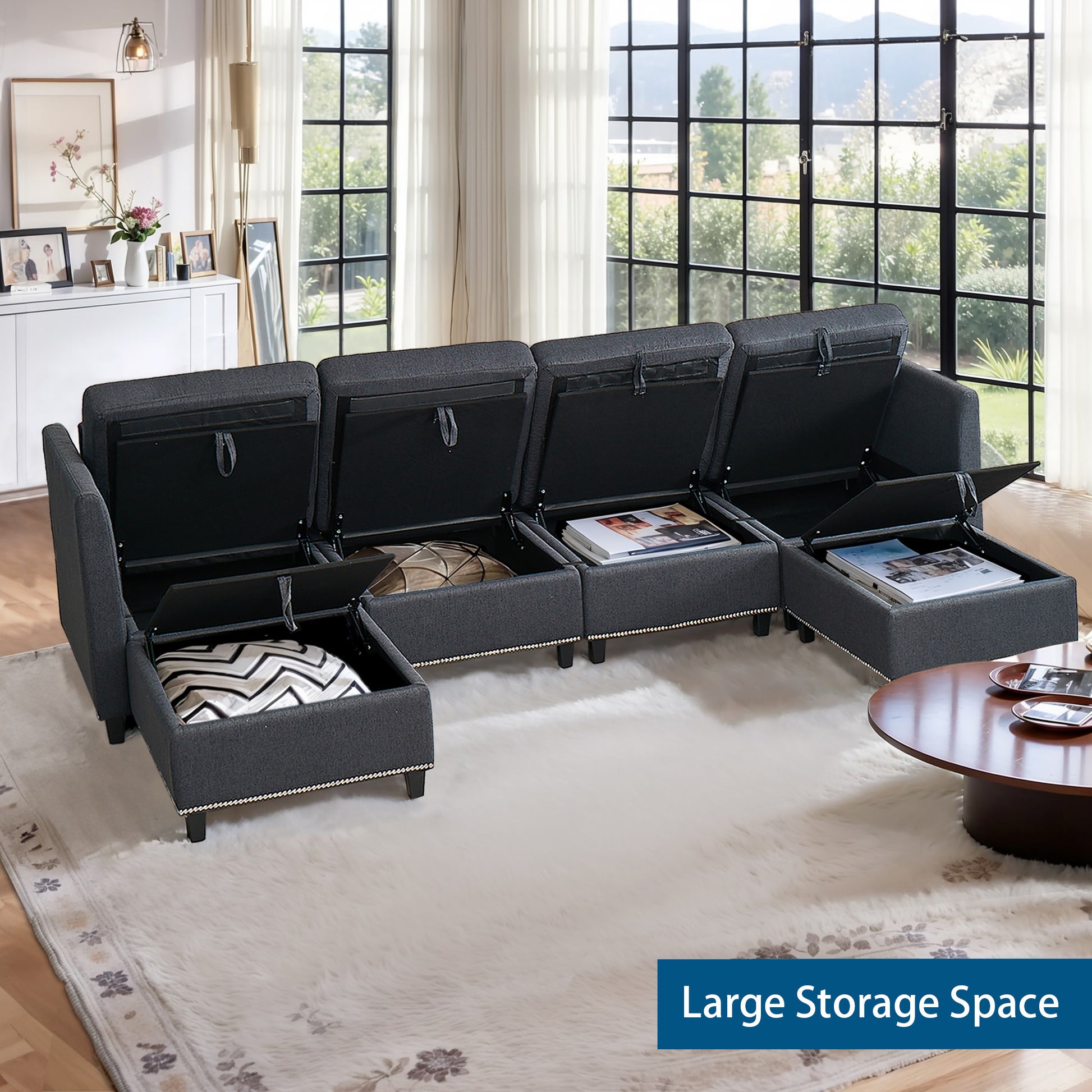Convertible Sectional Sofa With Storage Seat 6 Seat Sofa With Reversible Chaise U Shaped Sectional Couch For Living Room,Dark Grey Black Fabric 6 Seat