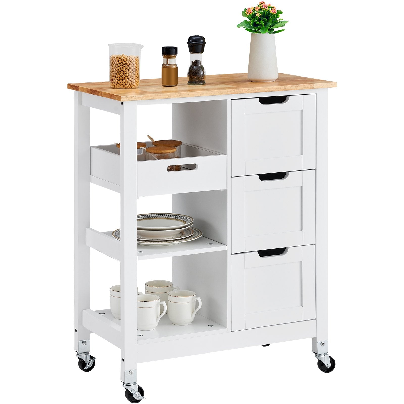 Rolling Portable Small Kitchen Island Cart On Wheels With Solid Wood Top, Dining Room Serving Utility Carts Mobile Movable With 3 Drawers And Storage Shelves Cabinet, White White White Dining Room American Design Rectangular Kitchen Island Sets Mdf Small