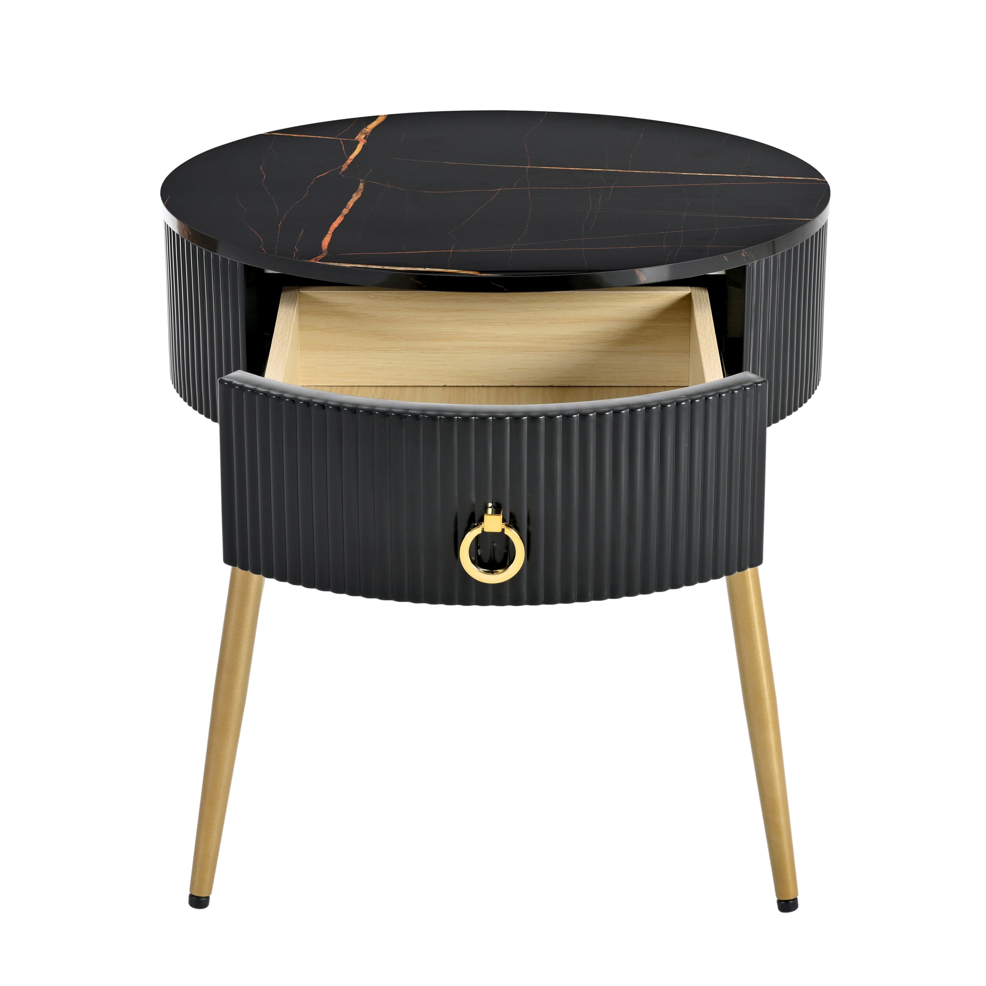 19.6'' Easy Assembly End Tables With High Gloss Faux Marble Tabletops, Set Of 2, Modern Fluted 2 Side Tables With Drawers, Round Coffee Tables With Golden Legs For Living Room, Black Black Gold Primary Living Space Drawers Round Mdf Iron