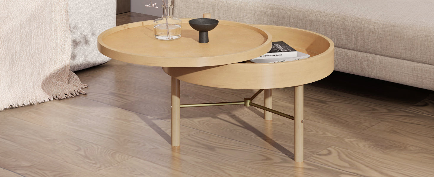 Modern Round Wood Rotating Tray Coffee Table With Storage & Metal Legs In Natural Natural Metal,Rubber Wood