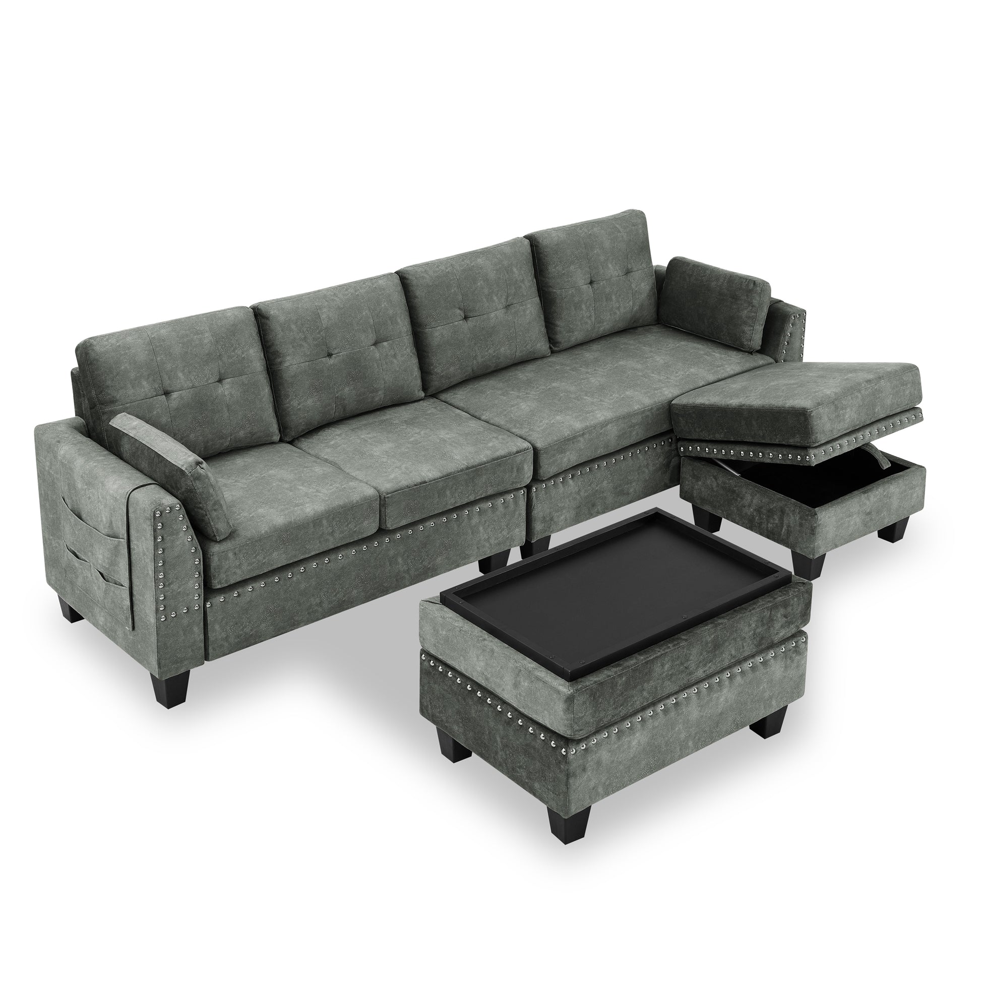 Sectional 3 Seaters Sofa ,Double Sided Multi Functional Footstool, Storage Matnon Slip Leg, Two Pillows, Velvet, Light Grey Light Grey Velvet 3 Seat