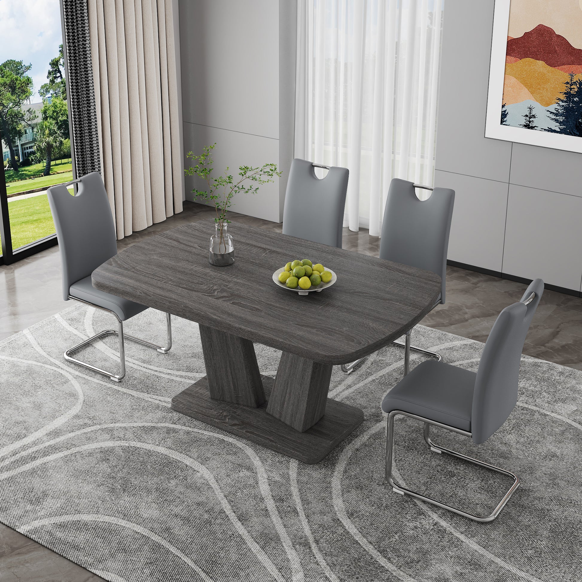 Dining Table Set For 4 6, 5 Piece Dining Table Set, Faux Wood Table Top And Modern Design Mdf Base With 4 Pu Leather Ergonomic Dining Chairs Metal Grey Modern Mdf Metal