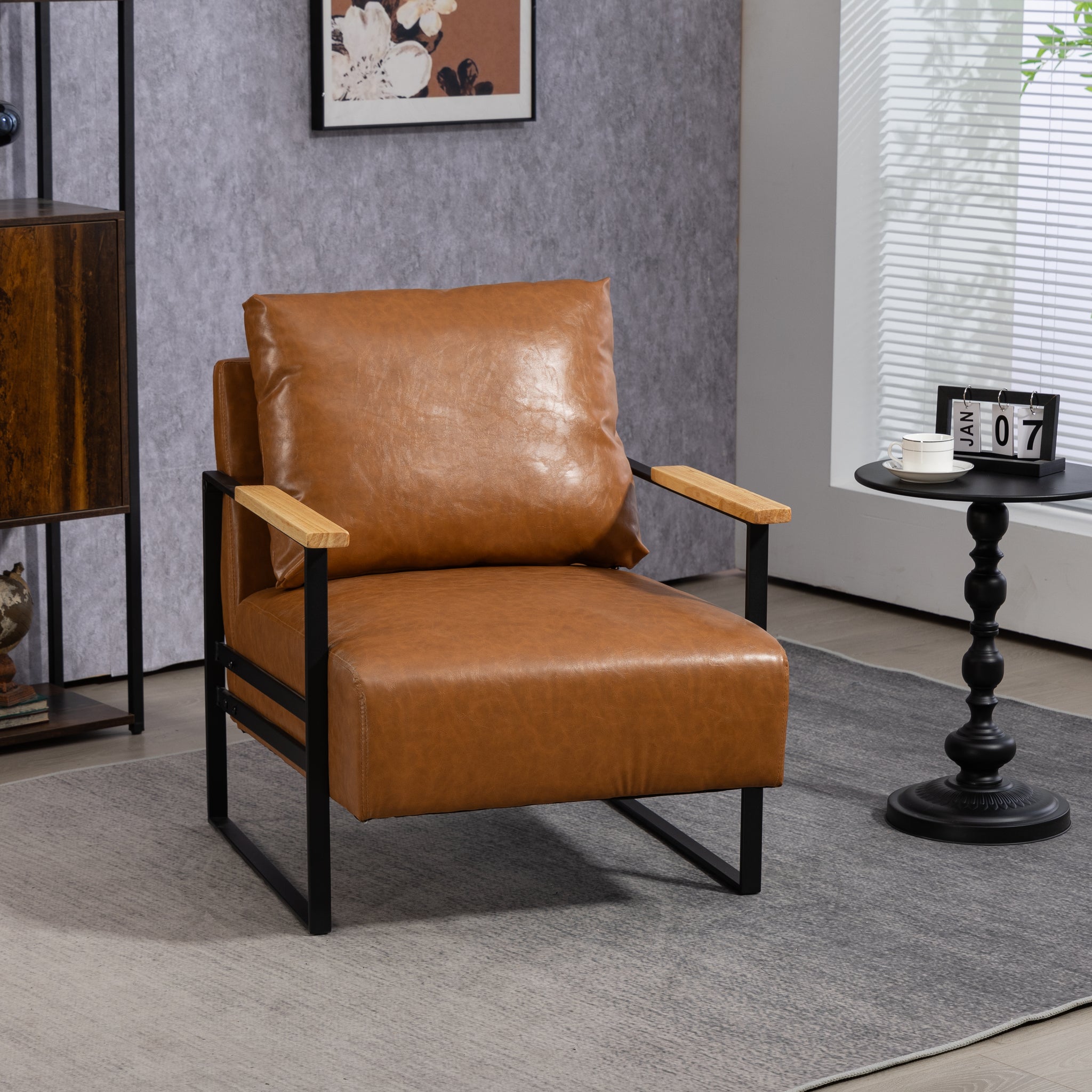 Leather Accent Chair Guest Chair For Living Room, Mid Century Armchair For Bedroom Brown Leather Brown Pu