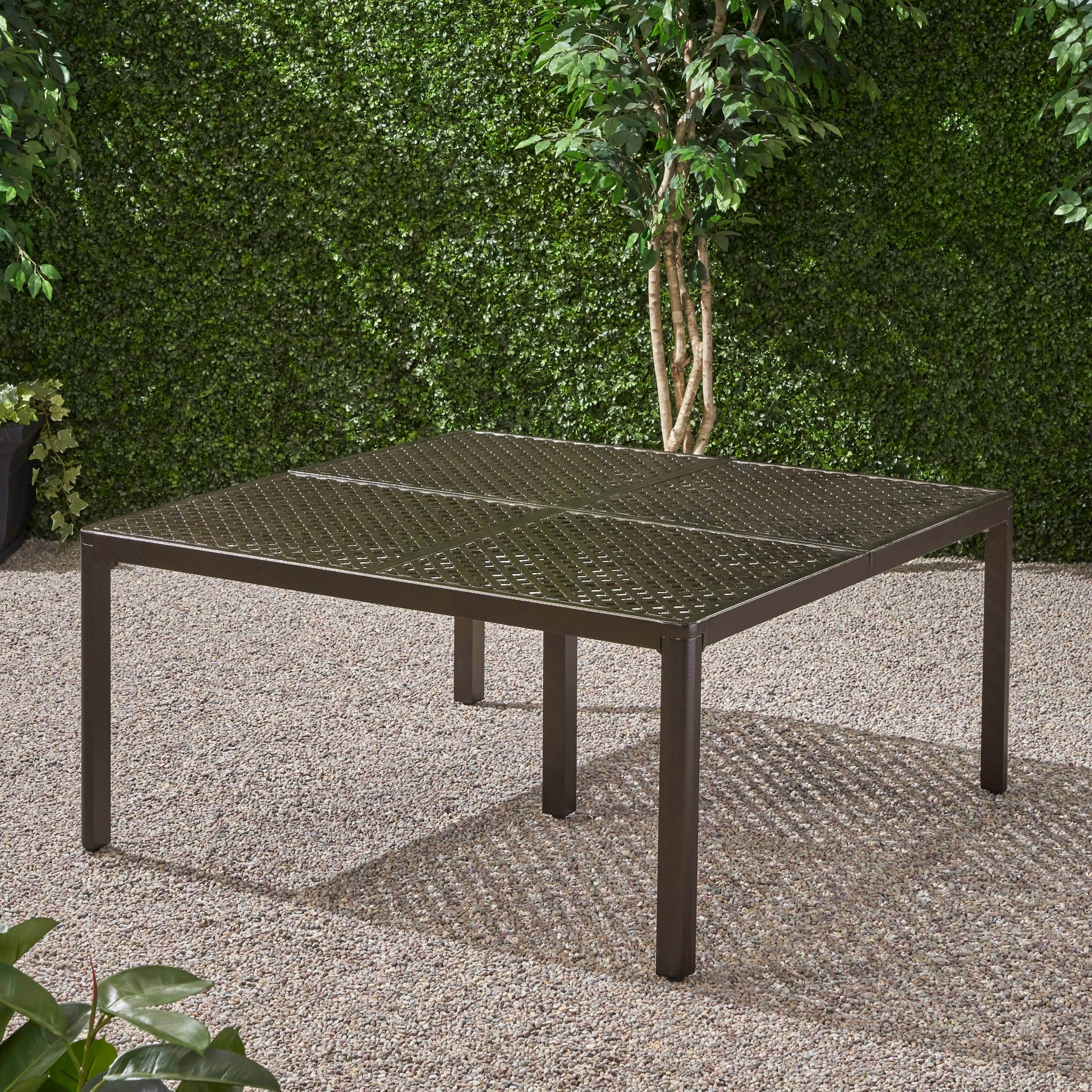 Outdoor Modern Aluminum Dining Table With Woven Accents, Gloss Black Red Aluminium