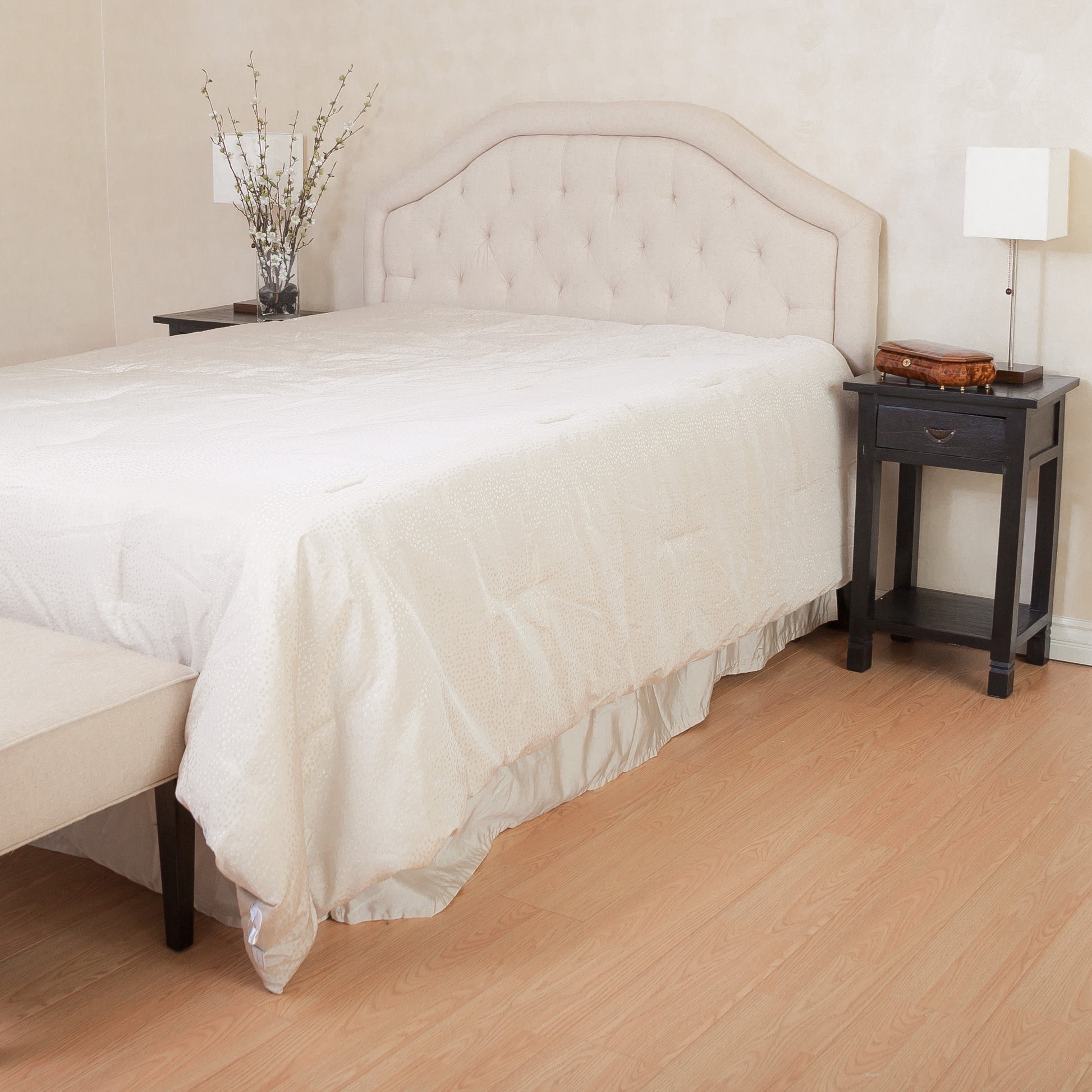 Upholstered Headboard, Diamond Tufted Design, Arched Structure, Easy Assembly, Beige Beige Fabric