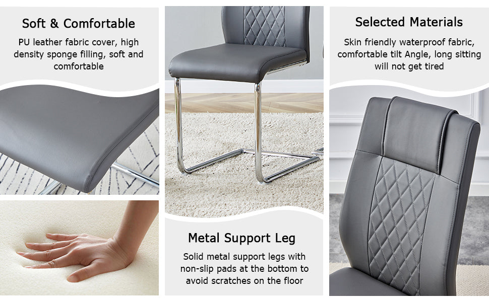 Table And Chair Set.Large Minimalist Rectangular Glass Dining Table For 6 8 With 0.39" Tempered Glass Tabletop And Silver Chrome Metal Legs.Paried With Comfortable Chairs With Pu Seats And Metal Legs. Silver Seats 6 Glass Metal