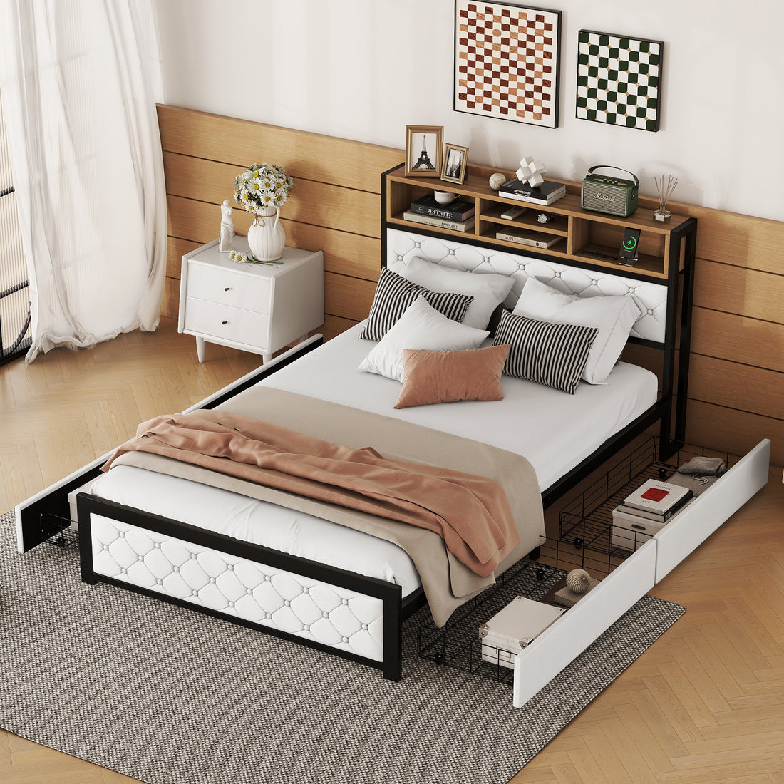 Metal Full Size Platform Bed With 4 Drawers, Upholstered Headboard And Footboard, Sockets And Usb Ports, White Full White Black Fabric Metal