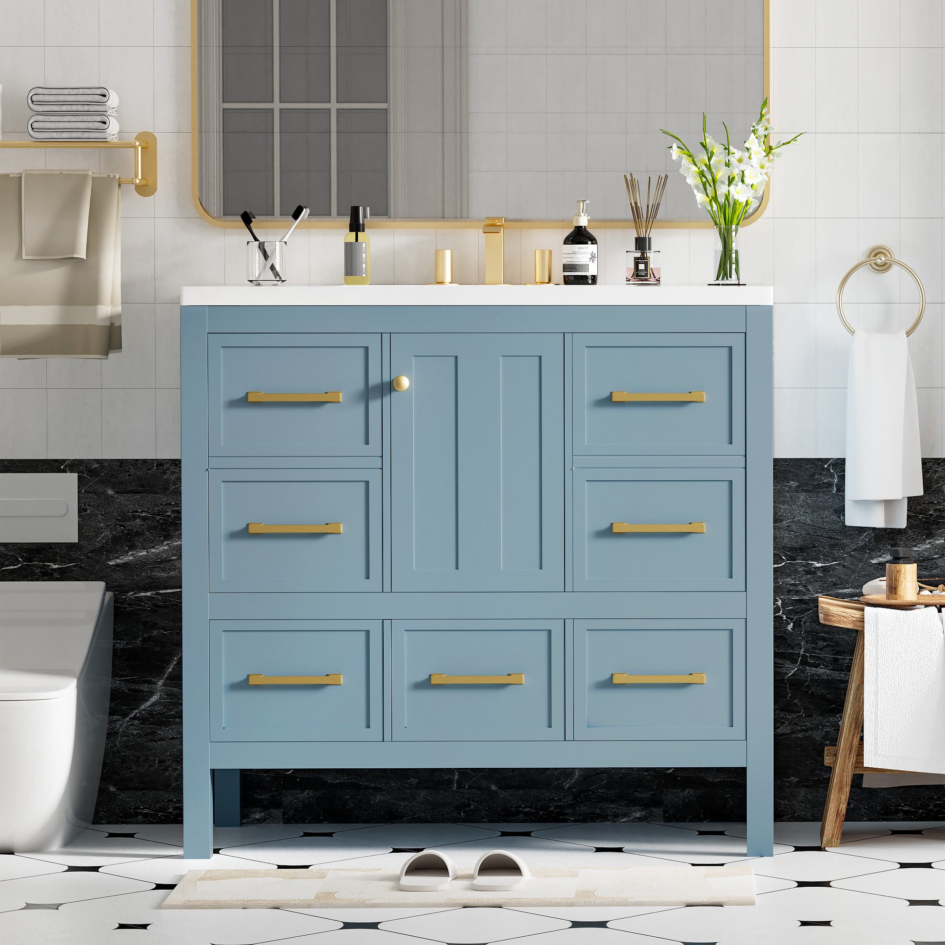 36'' Bathroom Vanity With Resin Sink Combo, Solid Wood Frame Bathroom Storage Cabinet, Freestanding Vanity Set With 5 Drawers& Soft Closing Doors Same As Sw000142Aam Blue Bathroom Solid Wood Mdf Resin