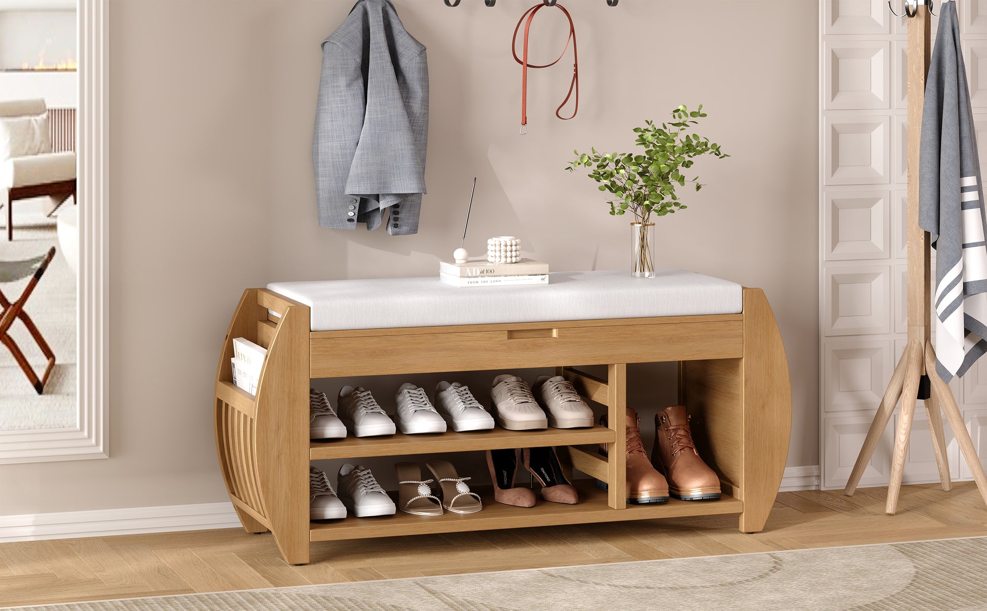 Retro Multifunctional Storage Bench With Cushion And Curved Side Panel For Entrance And Living Room Natural Natural Mdf