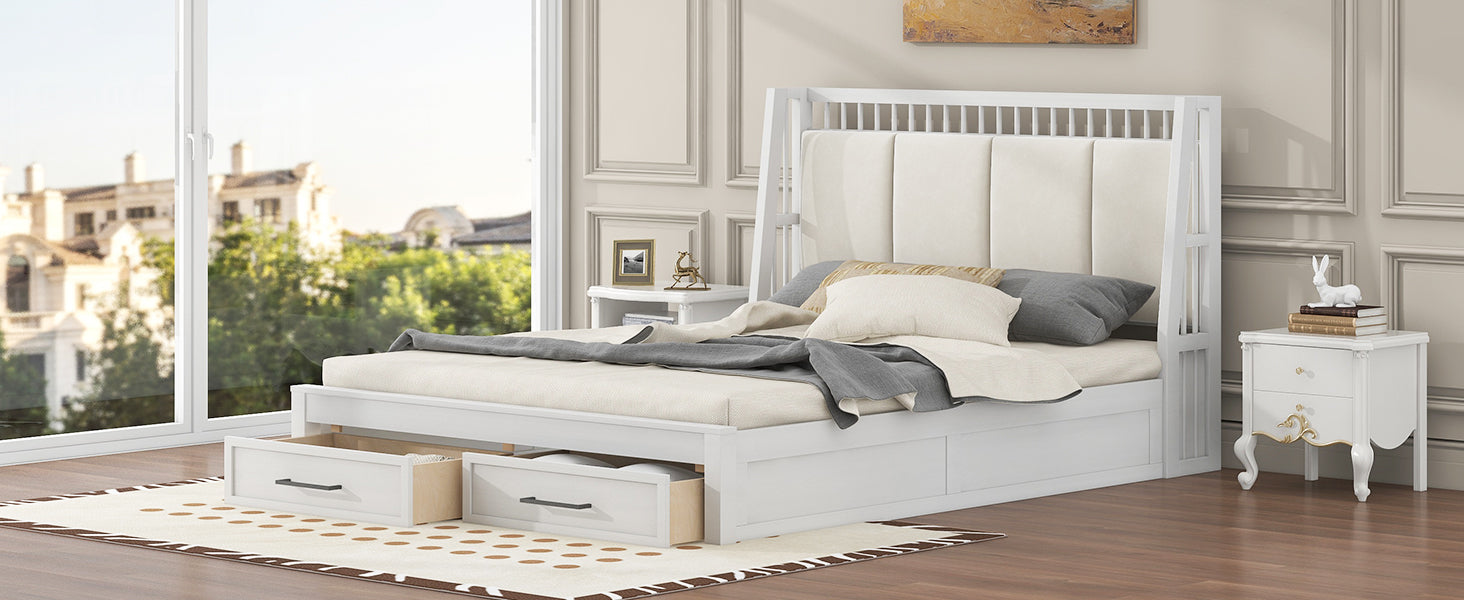 Queen Size Wood Platform Bed With Upholstered Headboard And 2 Drawers, Antique White Box Spring Not Required Queen White Wood Bed Frame Solid Wood Mdf