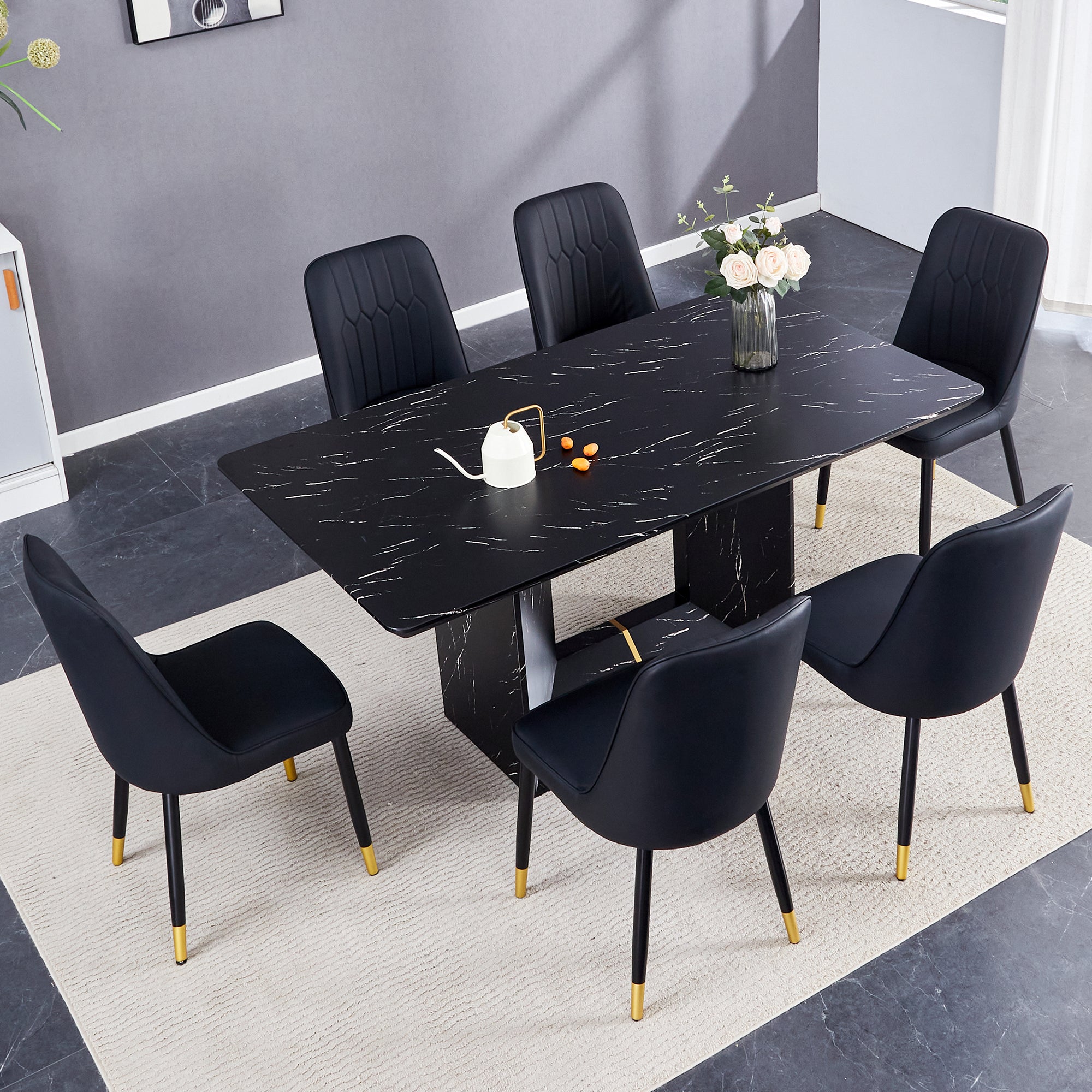 Table And Chair Set.This Modern Dining Table With Mdf Marbled Design Gives You A Luxurious And Elegant Feel.Paired With Multiple Chairs With Pu Artificial Leather Backrest Cushions And Black Legs. Black Seats 6 Mdf