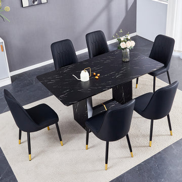 Table And Chair Set.This Modern Dining Table With Mdf Marbled Design Gives You A Luxurious And Elegant Feel.Paired With Multiple Chairs With Pu Artificial Leather Backrest Cushions And Black Legs. Black Seats 6 Mdf