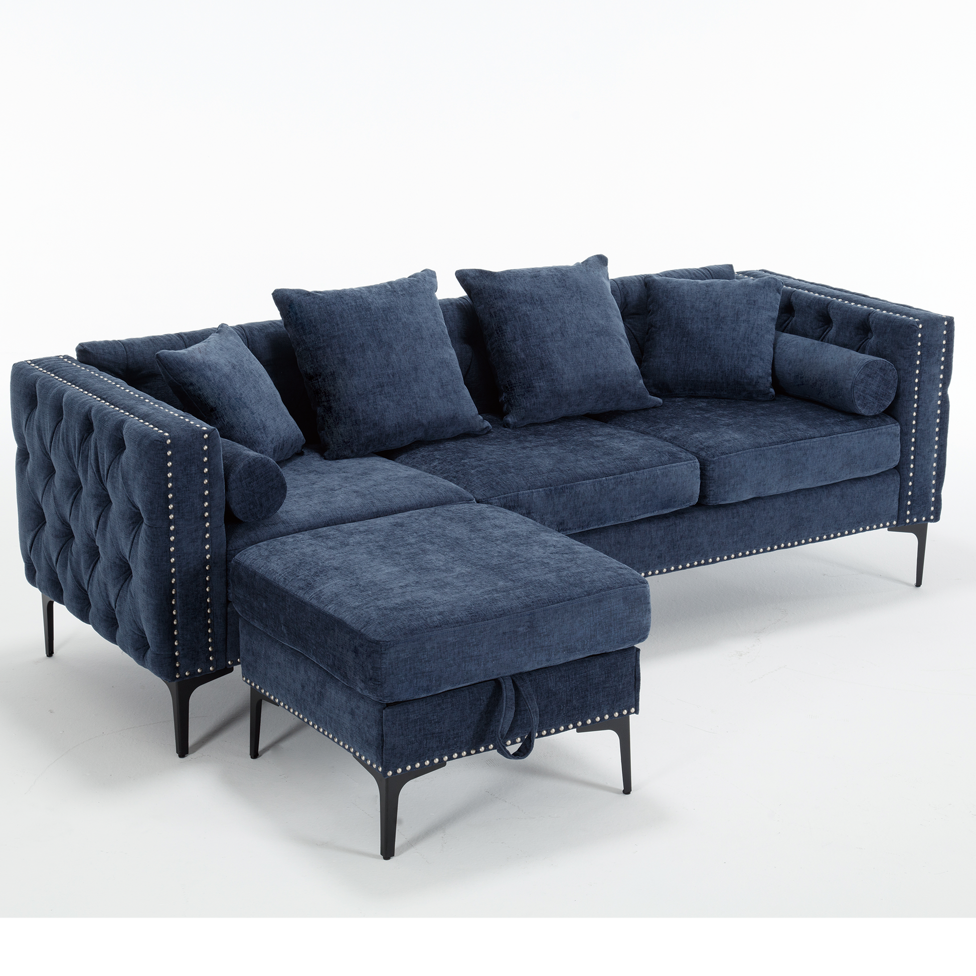 Arrived L Shaped Sectional Sofaconvertible Storage Ottoman,Chenille ,Square Arm, Modern Tufted Couch ,3 Seater, And Nailhead,Blue Blue Polyester Wood Primary Living Space Medium Soft Tufted Back Modern Square Arms Metal & Wood 4 Seat