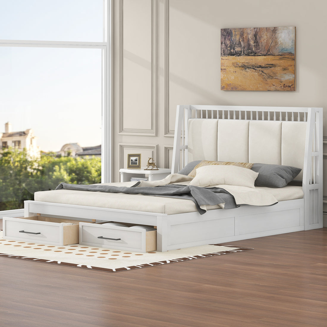Queen Size Wood Platform Bed With Upholstered Headboard And 2 Drawers, Antique White Box Spring Not Required Queen White Wood Bed Frame Solid Wood Mdf
