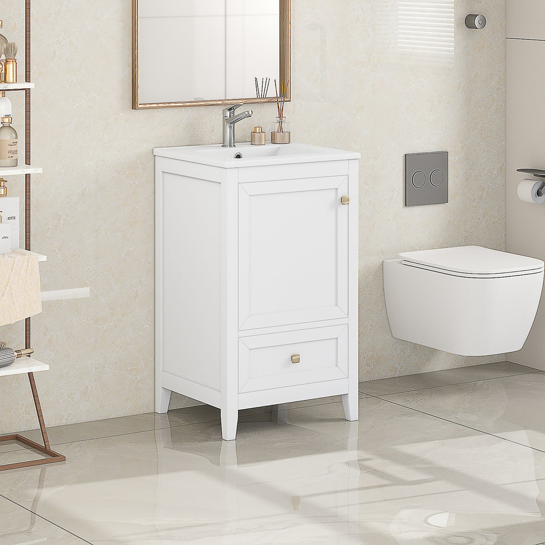 20" Bathroom Vanity With Sink, Bathroom Cabinet With Soft Closing Door, Storage Rack And A Drawer, White White Mdf