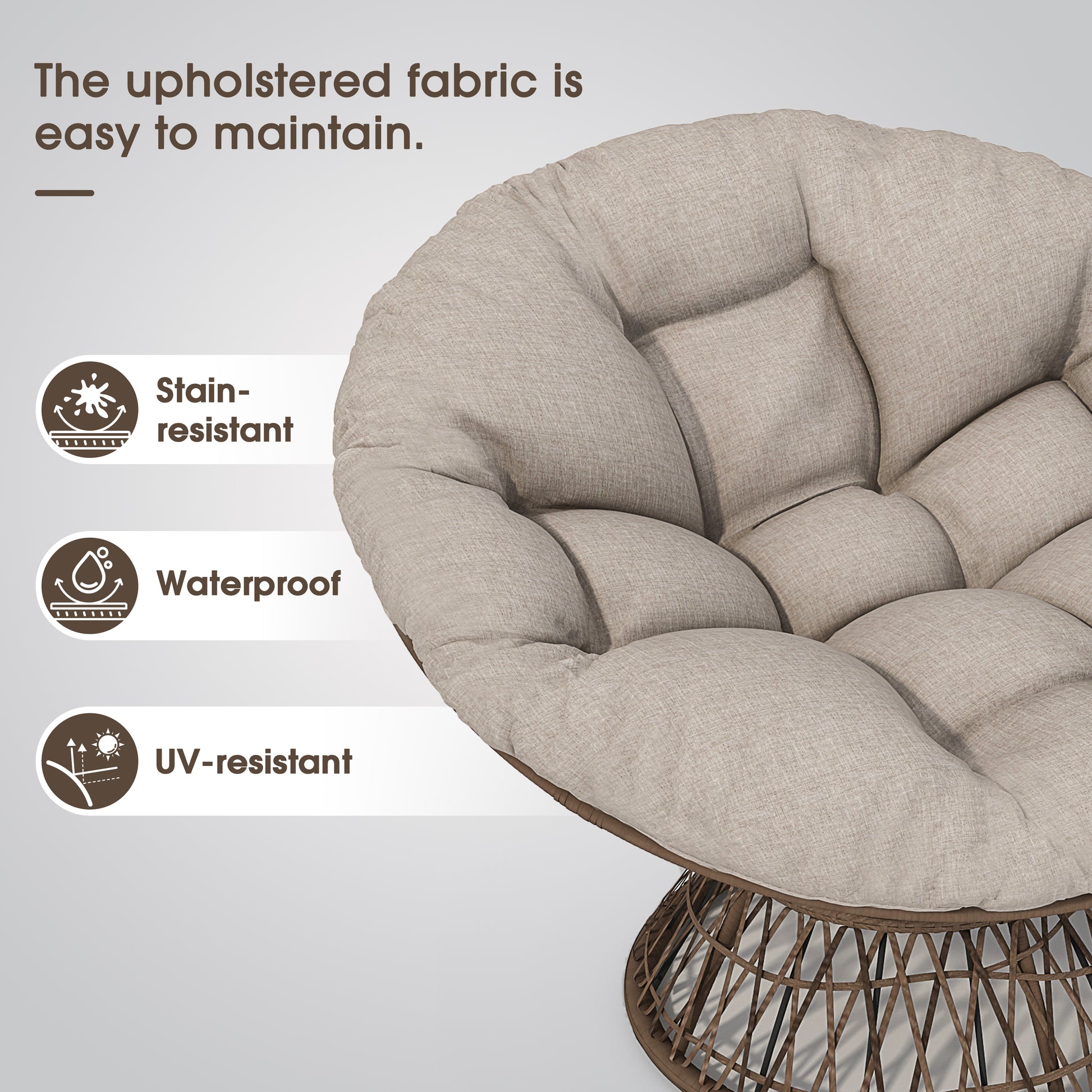 41.5" Ergonomic Wicker Chair With Cloud Thick Density Fabric Cushion,3 Proof Cover,High Capacity Iron Frame,Fluid 360 Degree Swivel For Reading,Living Room, Bedroom,Lounge,Brown Base,2 Colors