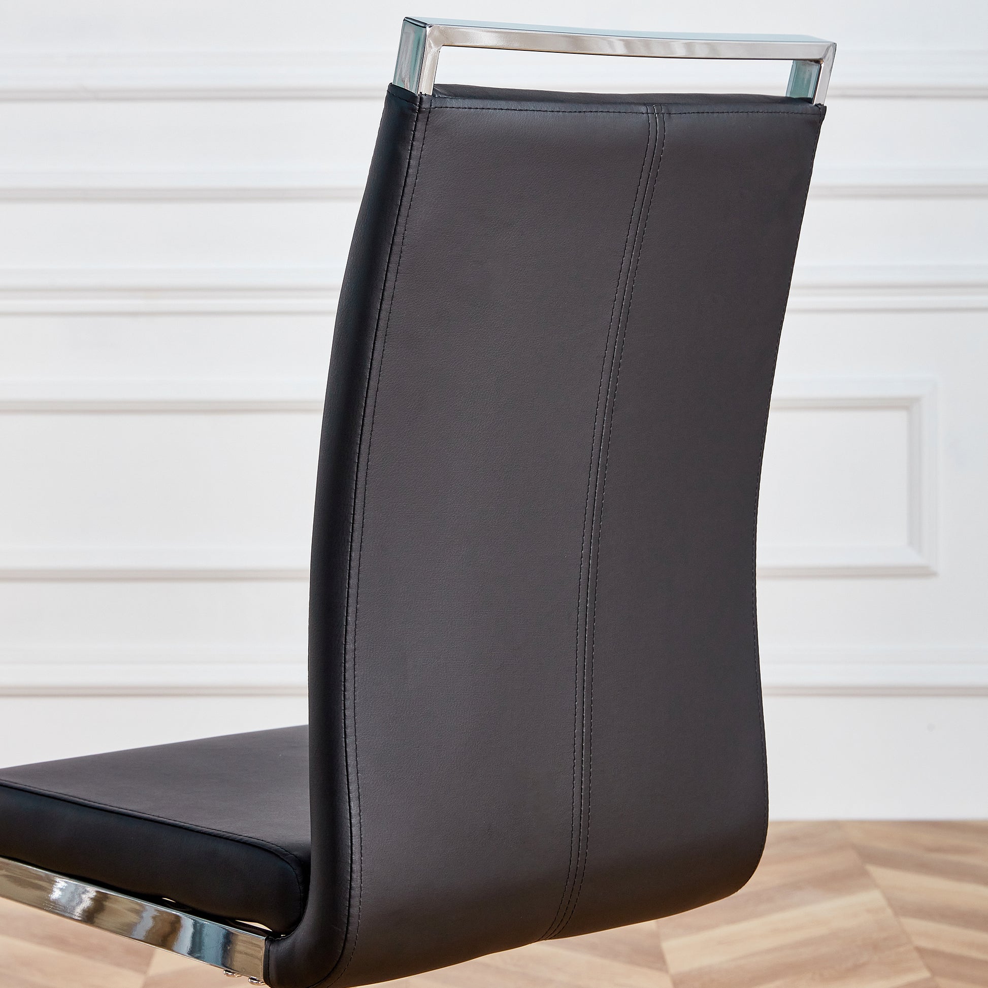 Table And Chair Set. Large Modern Rectangular Table With Glass Top And Silver Metal Legs. Furnished With Soft And Comfortable Pu Chairs With Faux Leather Upholstered Seats And Silver Metal Legs. Black Silver Seats 8 Glass Metal