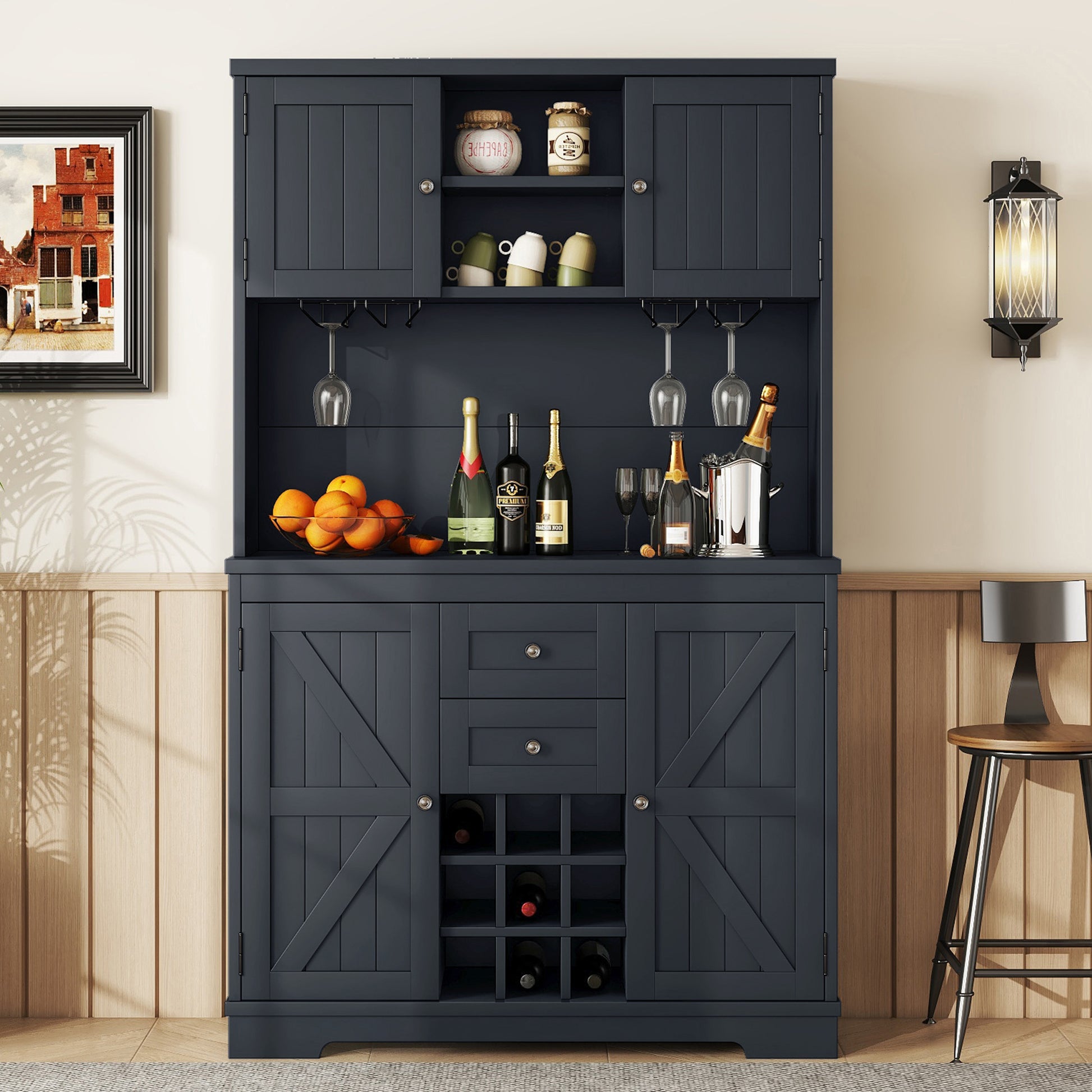 Coffee Bar Cabinet Kitchen Cabinet With Storage, Farmhouse Wine Cabinet With Drawers Shelves And Cabinets, Buffet Cabinet Wine & Glass Racks For Dining Room, Kitchen, Dark Blue Antique Blue Particle