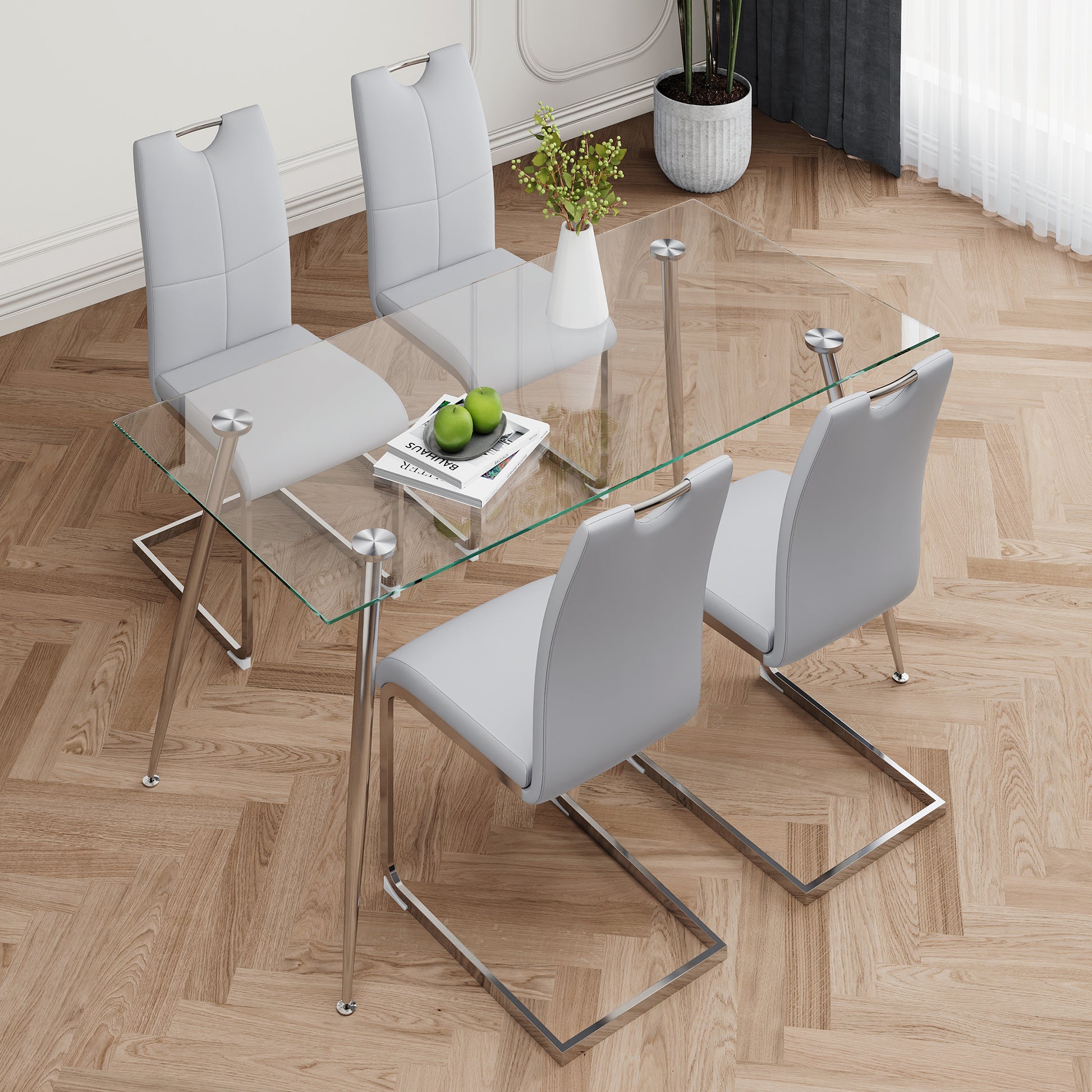 Modern Simple Rectangular Glass Dining Table, Solid Tempered Glass Tabletop, Electroplated Table Legs, Gray Pu Dining Chair Set, Suitable For Restaurant Kitchen Use Set Of 5 Upholstered Chair Glass Gray Pu Seats 4 Metal Rectangular Dining Table With
