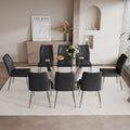 Table And Chair Set.Contemporary, Minimalist Rectangular Dining Table Featuring A Clear Tempered Glass Top And Sleek Silver Legs. Paried With Chairs Made Of Pu Material Cushion And Silver Metal Legs. Black Seats 8 Glass Metal