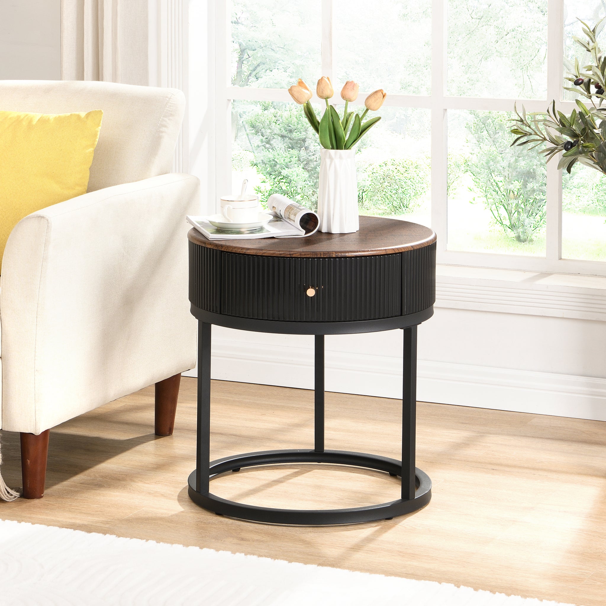Round Nightstand With Drawer, 19.68 Inch Wood End Table With Storage, Small Table Or Living Room, Bedroom And Small Spaces Black Coffee & End Tables Iron