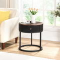 Round Nightstand With Drawer, 19.68 Inch Wood End Table With Storage, Small Table Or Living Room, Bedroom And Small Spaces Black Coffee & End Tables Iron