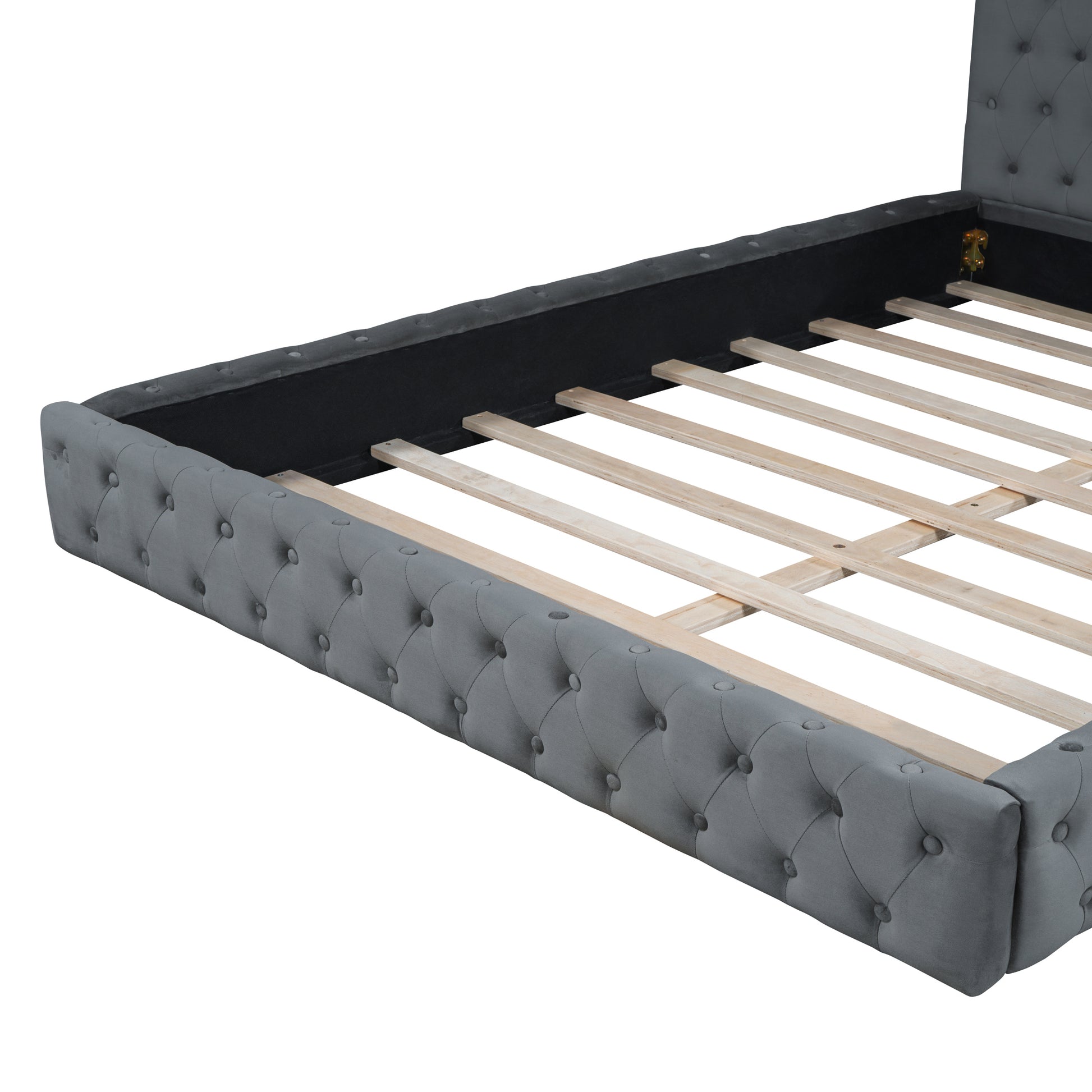 Queen Size Velvet Upholstered Platform Bed, With Luxurious Diamond Grid Headboard,Gray Queen Gray Plywood