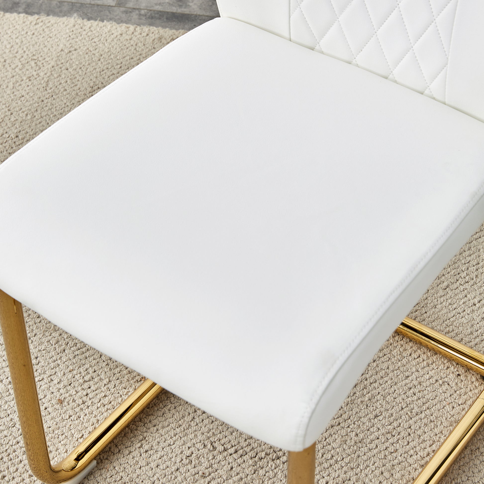 Table And Chair Set.Modern Rectangular Dining Table With Transparent Tempered Glass Tabletop And Gold Plated Metal Legs.Paried With 6 Comfortable Chairs With Pu Seats And Golden Metal Legs. Transparent,White Gold Seats 6 Glass Metal