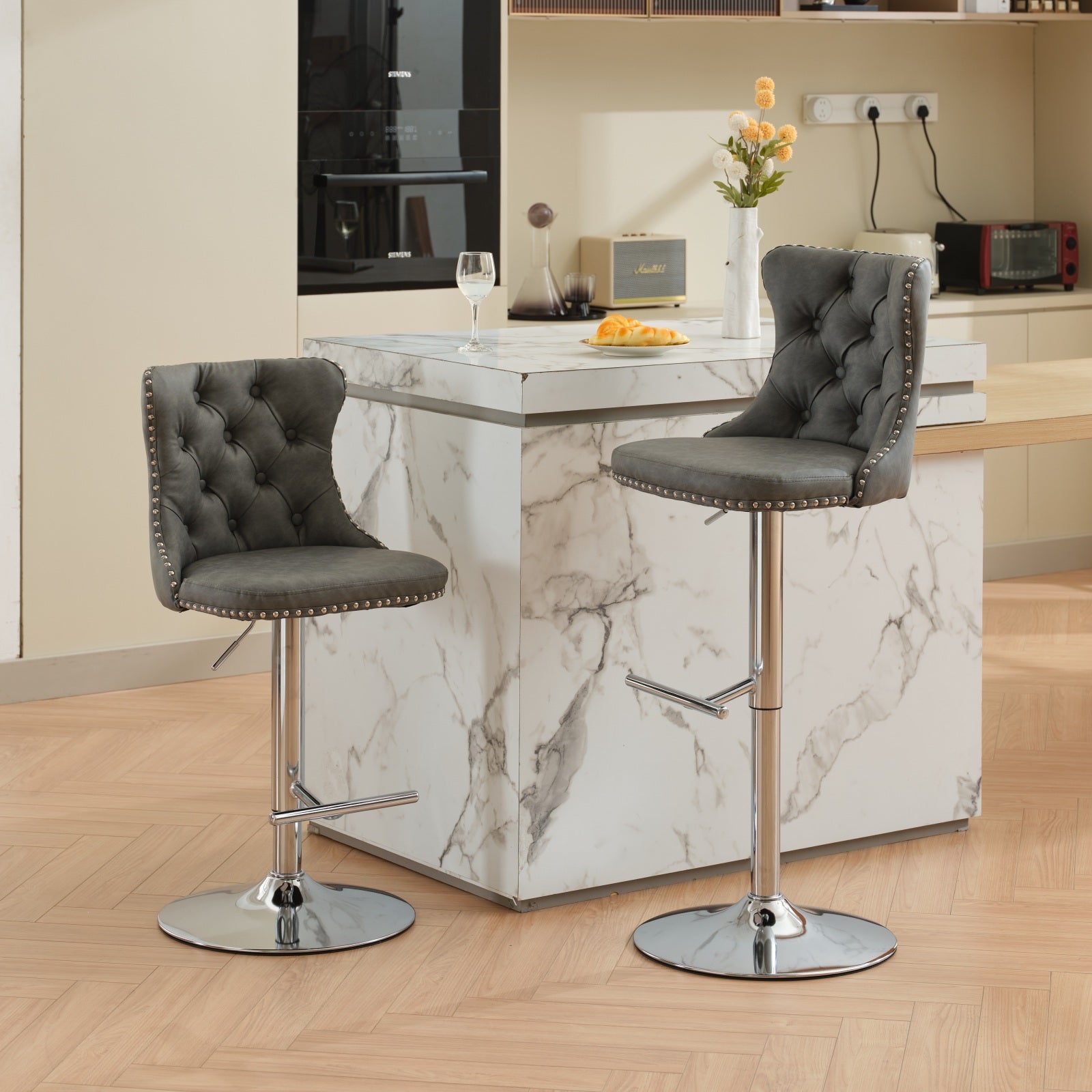 Swivel Pu Leather Barstools Adjusatble Seat Height From 25 33 Inch, Chrome Base Bar Stools With Backs Comfortable Tufted For Home Pub And Kitchen Island, Beige,Set Of 2,1512Gy Grey Dining Room American Design Bar Stools Wing Back Set Of 2 Foam Pu Leather