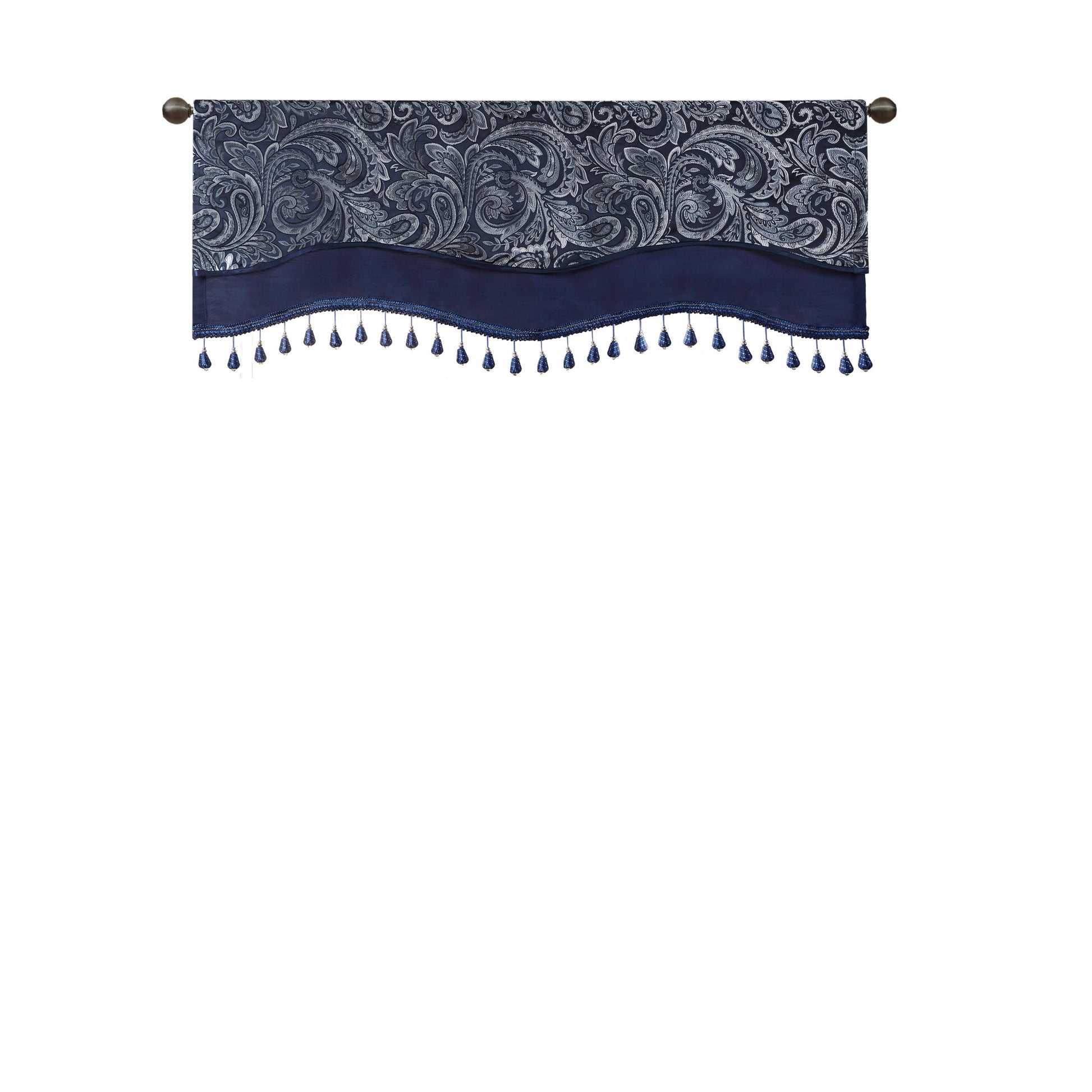 Jacquard Window Rod Pocket Valance With Beads Navy 50X18" Navy Polyester