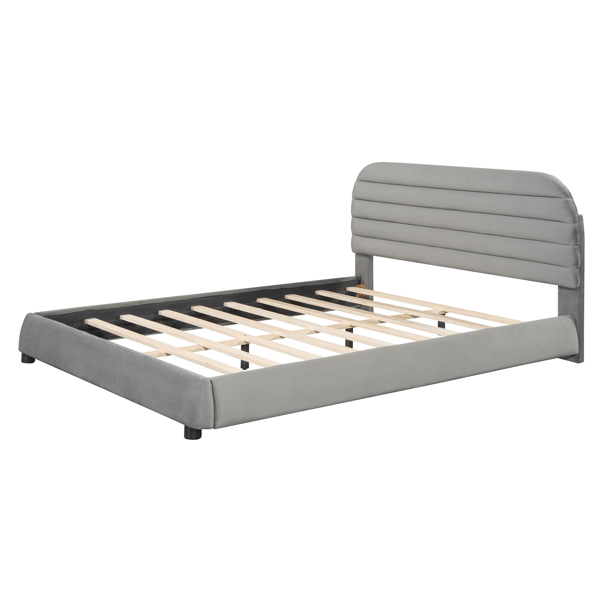 Queen Size Velvet Upholstered Platform Bed,Solid Frame And Stylish Curve Shaped Design, Gray Queen Gray Velvet
