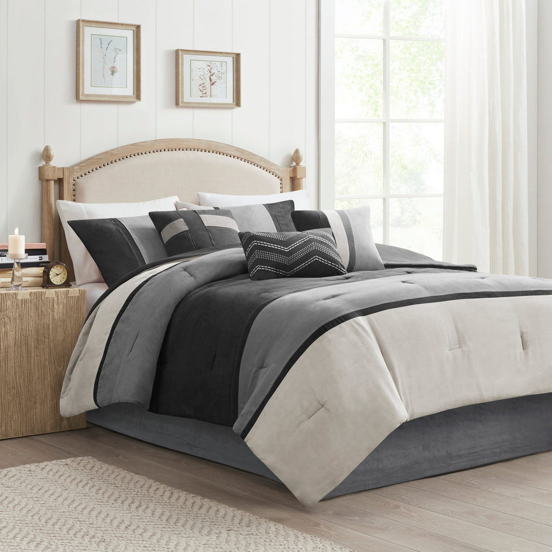 7 Piece Faux Suede Comforter Set Black King King Black Polyester