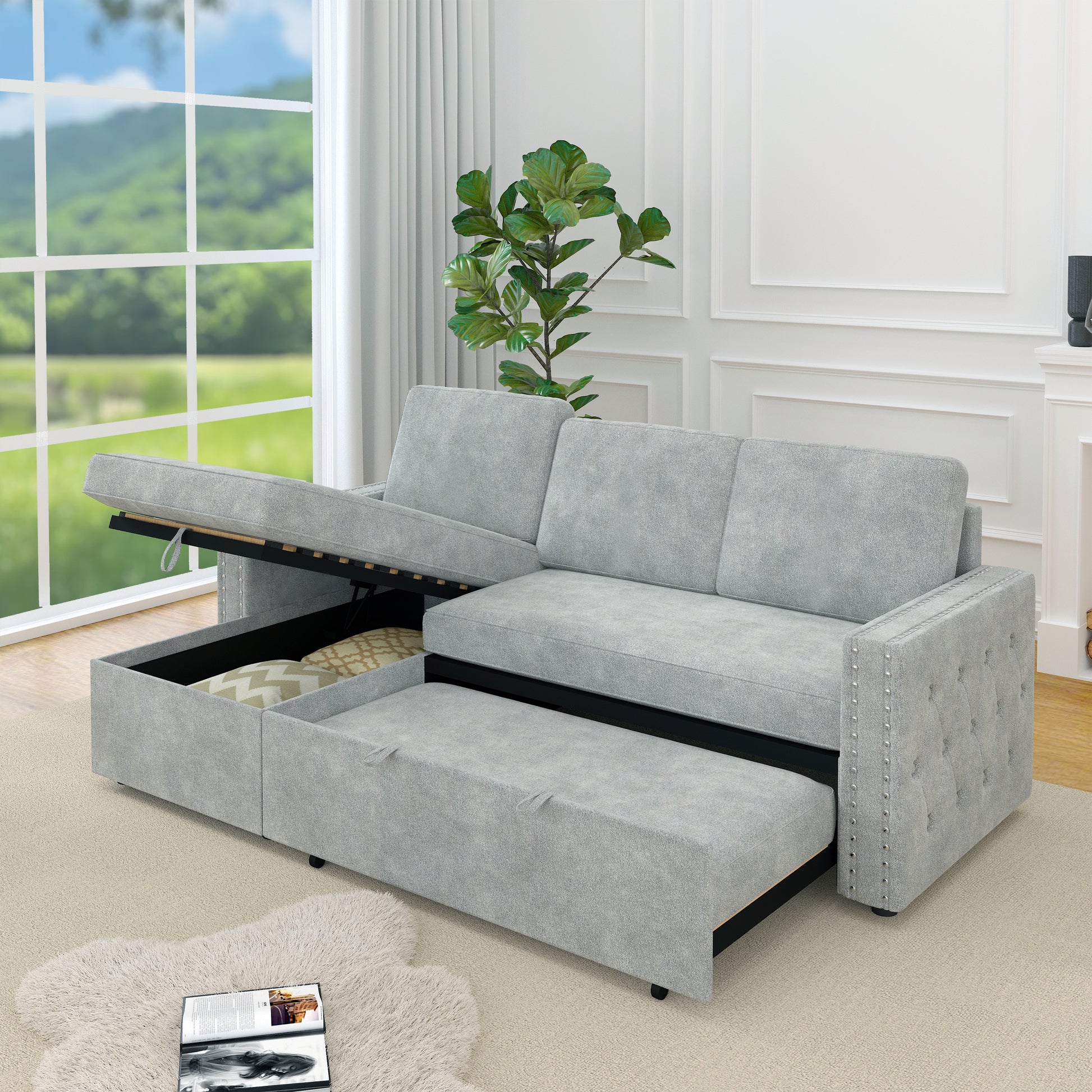 85 Inches Sofa Bed, 3 Seater Sleeper Sofa With Storage Chaise, Square Handrail With Pull And Copper Nail,Chenille Light Grey, Pull Out Couch For Living Room Light Grey Chenille 3 Seat