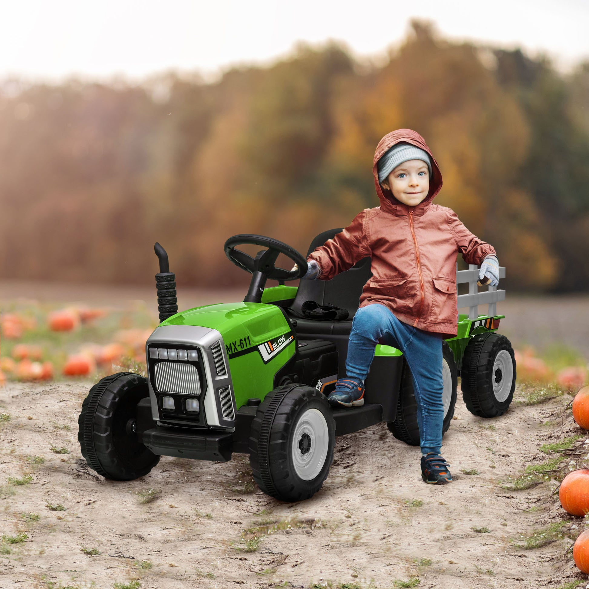 Aosom 12V Ride On Tractor With Trailer, 25W Dual Motors, Battery Powered Electric Tractor With Remote Control, Music Startup Sound And Horn, Led Lights, Green Green Plastic