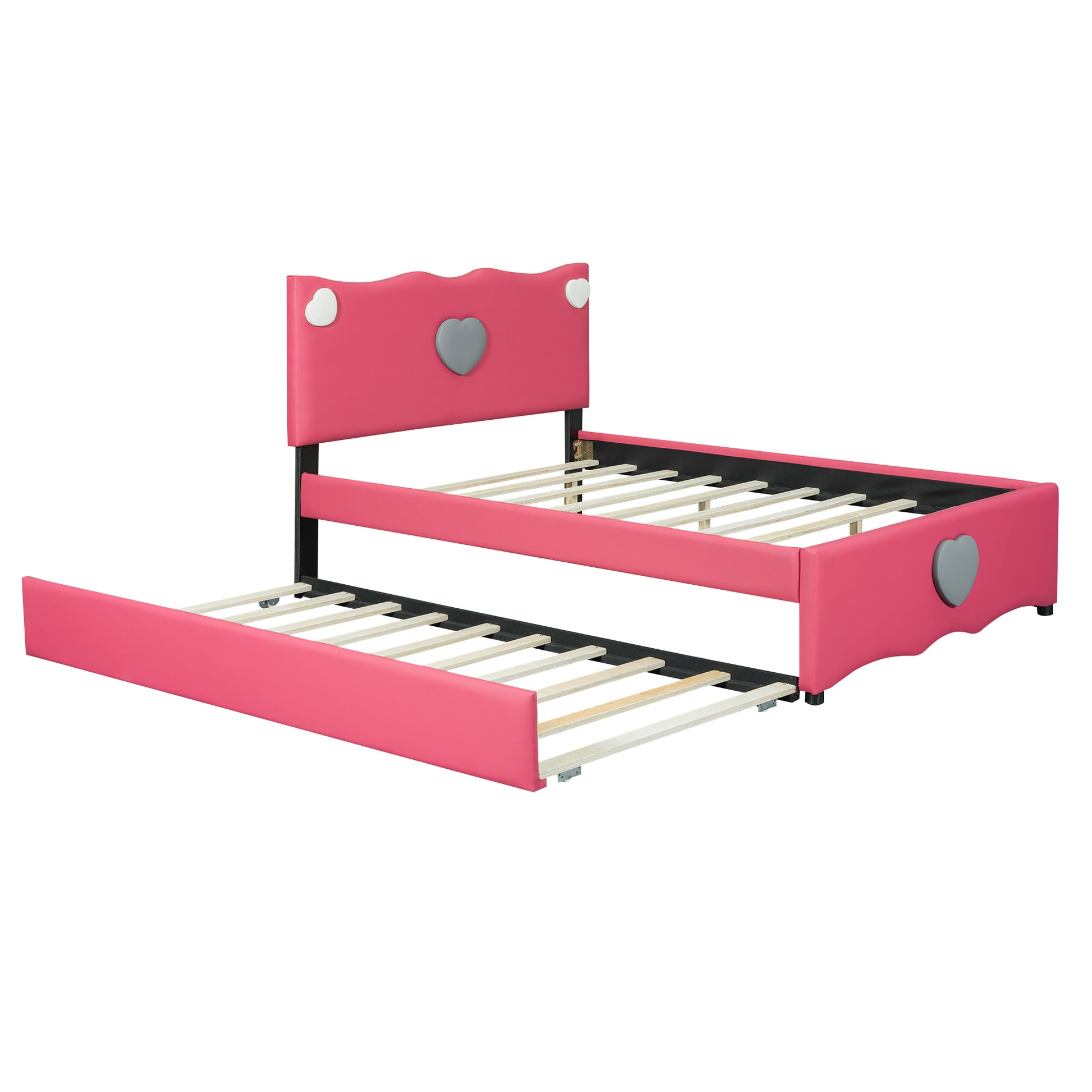 Full Size Upholstered Platform Bed With Trundle And Heart Shaped Decoration, Dark Pink Box Spring Not Required Full Dark Pink Wood Bedroom Bed Frame Faux Leather Upholstered