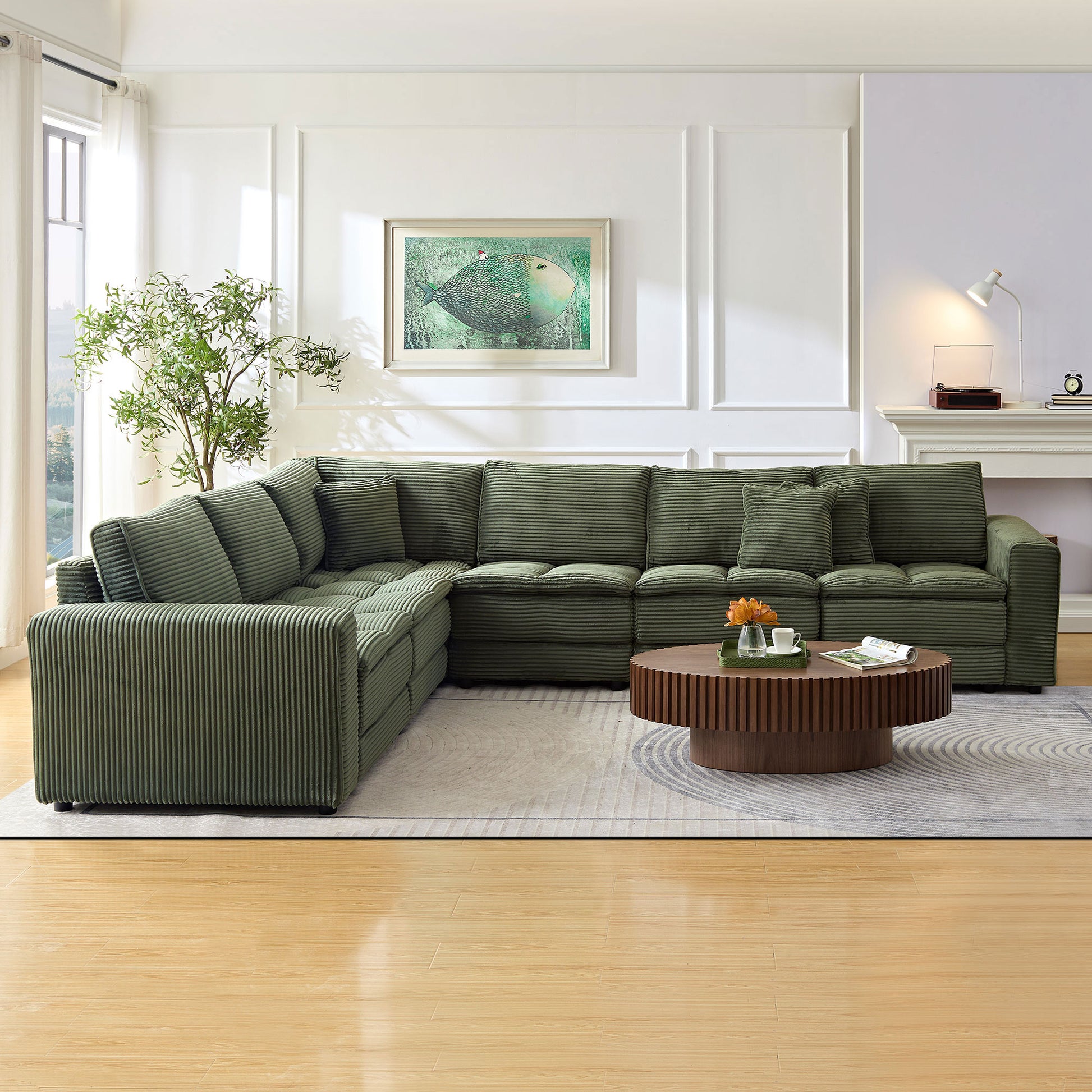 6 Seats,Oversized Sectional Sofa,L Shaped Corner Couch With Detachable Seat & Back Cushion, Corduroy Upholstery Convertible Sleeper Sofa&Couch For Living Room Green Fabric 6 Seat