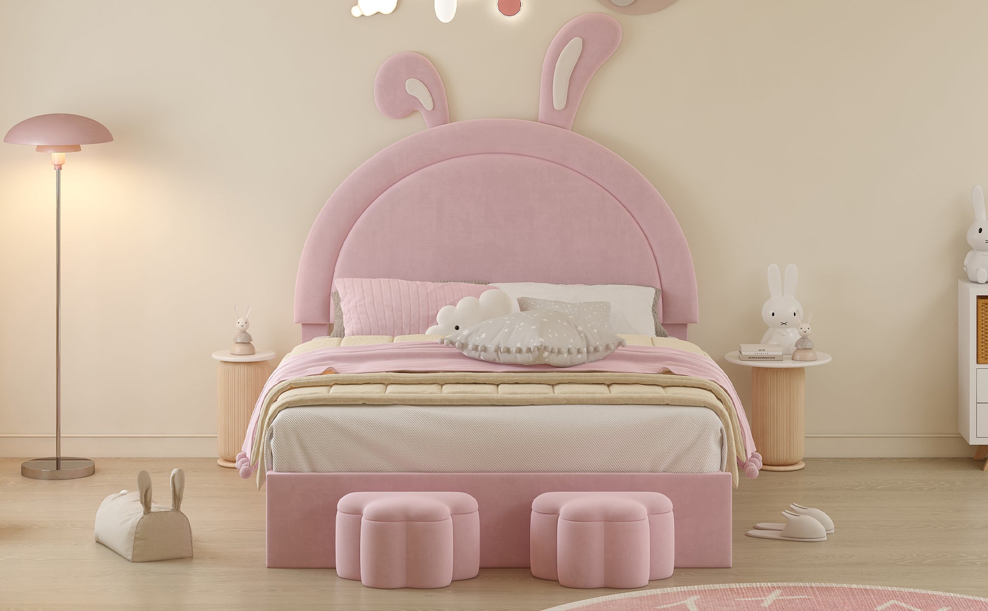 Full Size Upholstered Rabbit Shape Bed With 2 Storage Stools, Velvet Platform Bed With Cartoon Ears Shaped Headboard, Pink Full Pink Wood