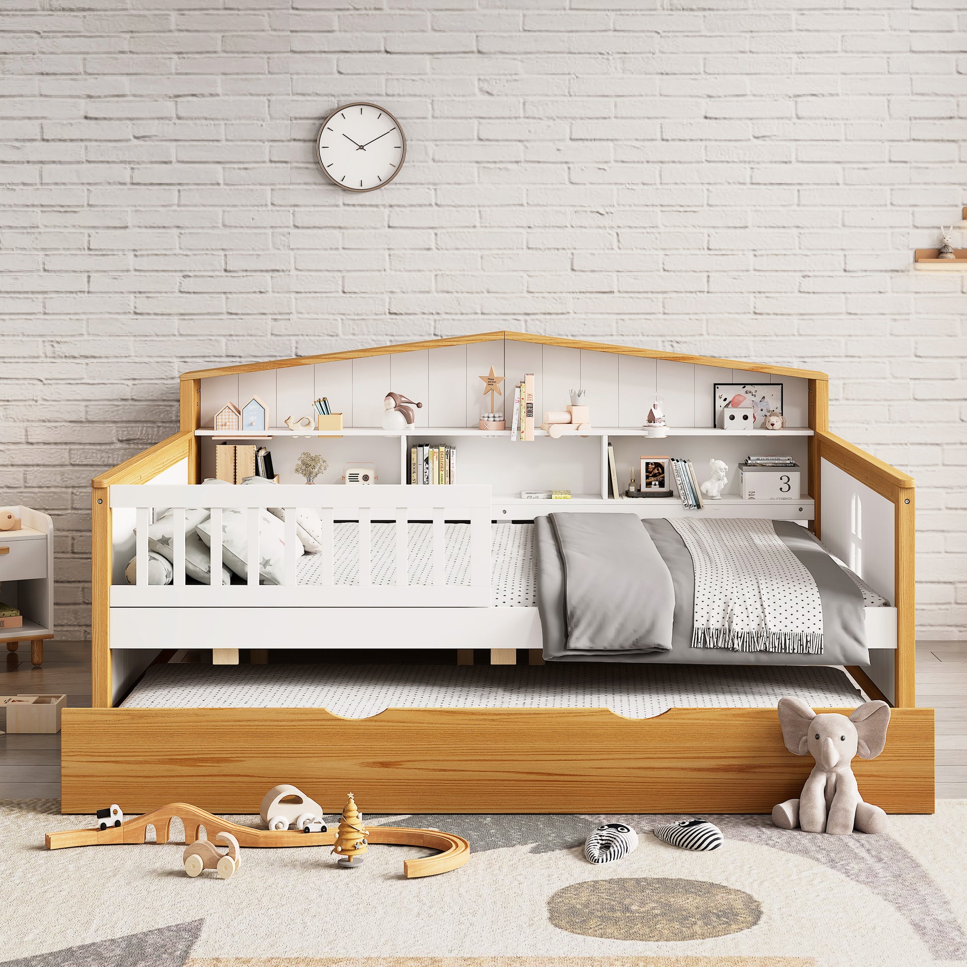 Full Size House Shape Daybed With Trundle And Bookcase Headboard Wooden Bed For Girls Boys Teens, No Box Spring Needed, Walnut And White Box Spring Not Required Full White Walnut Wood Bedroom Cute Pine Bed Frame Wood