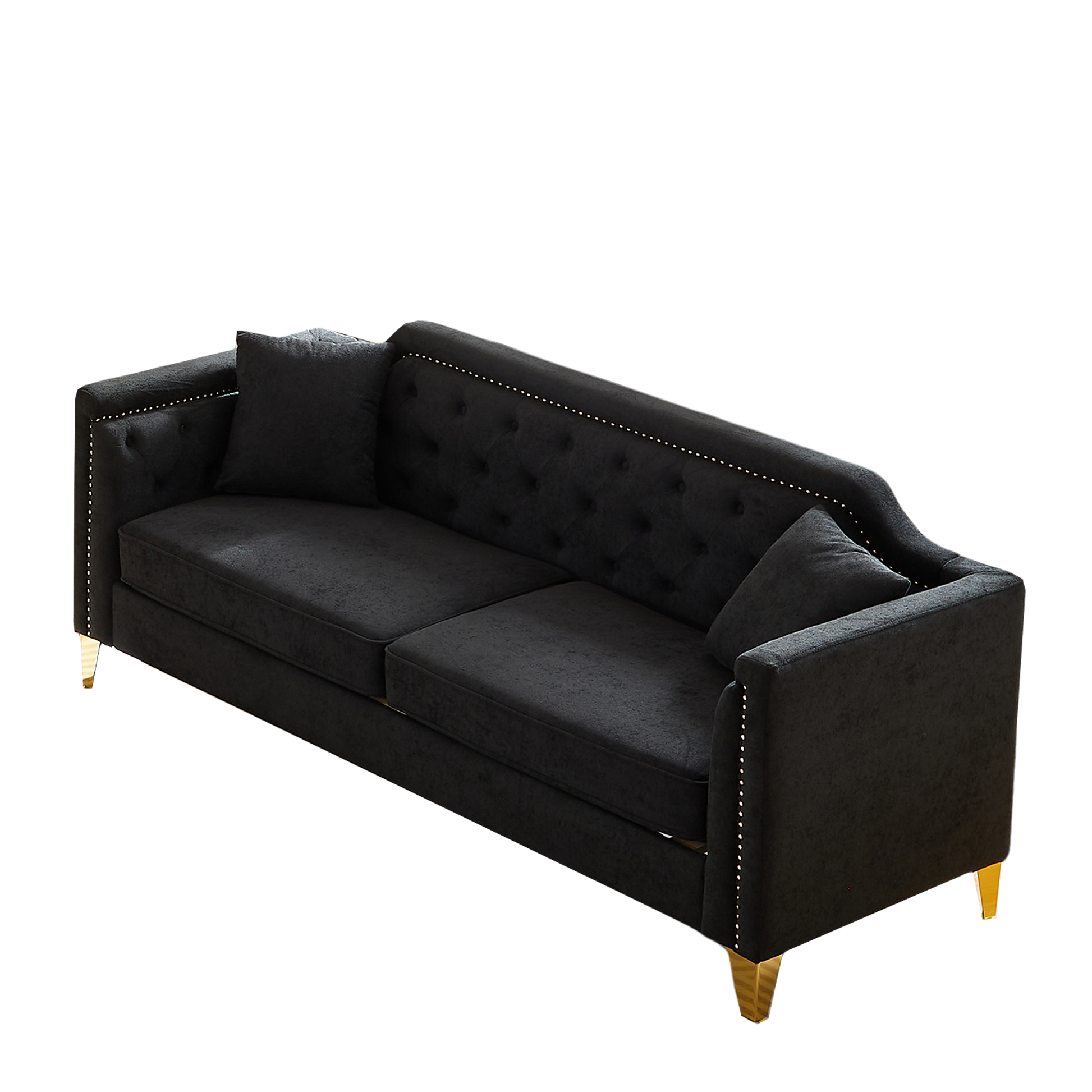 Fx81"Mid Century Design Modern Sofa,Chenille Pull Buckle Design Sofa For Living Room,Buttons Tufted With Copper Nail Decoration Armrest, With 2 Pillows,Modern Couch Upholstered Button And Metal Legs Black Chenille Pine Foam Fabric 3 Seat