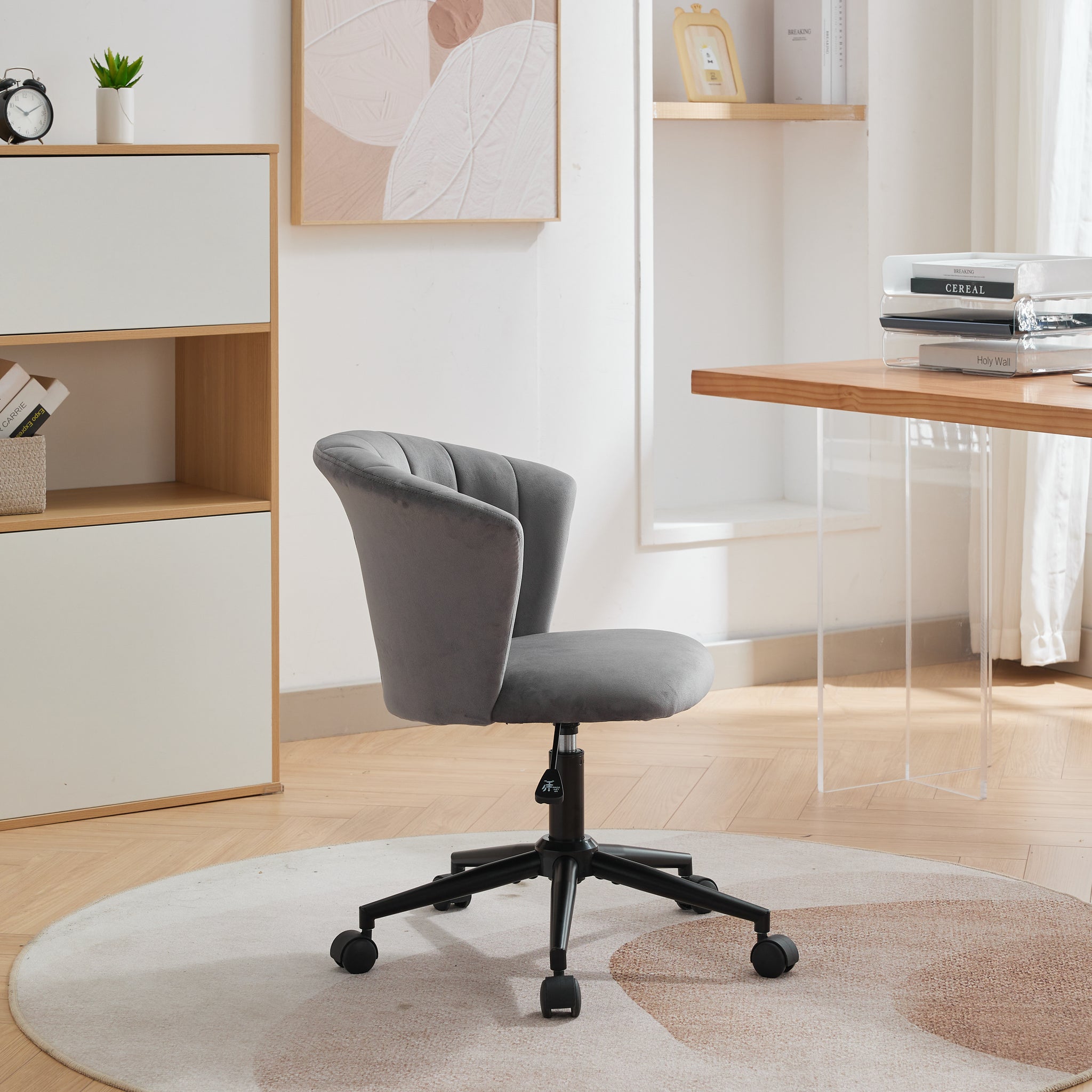 Home Office Chair, Velvet Fabric Swivel Flower Shape Computer Desk Chair For Home Office Or Bedroom Grey Black Foam Polyester Blend