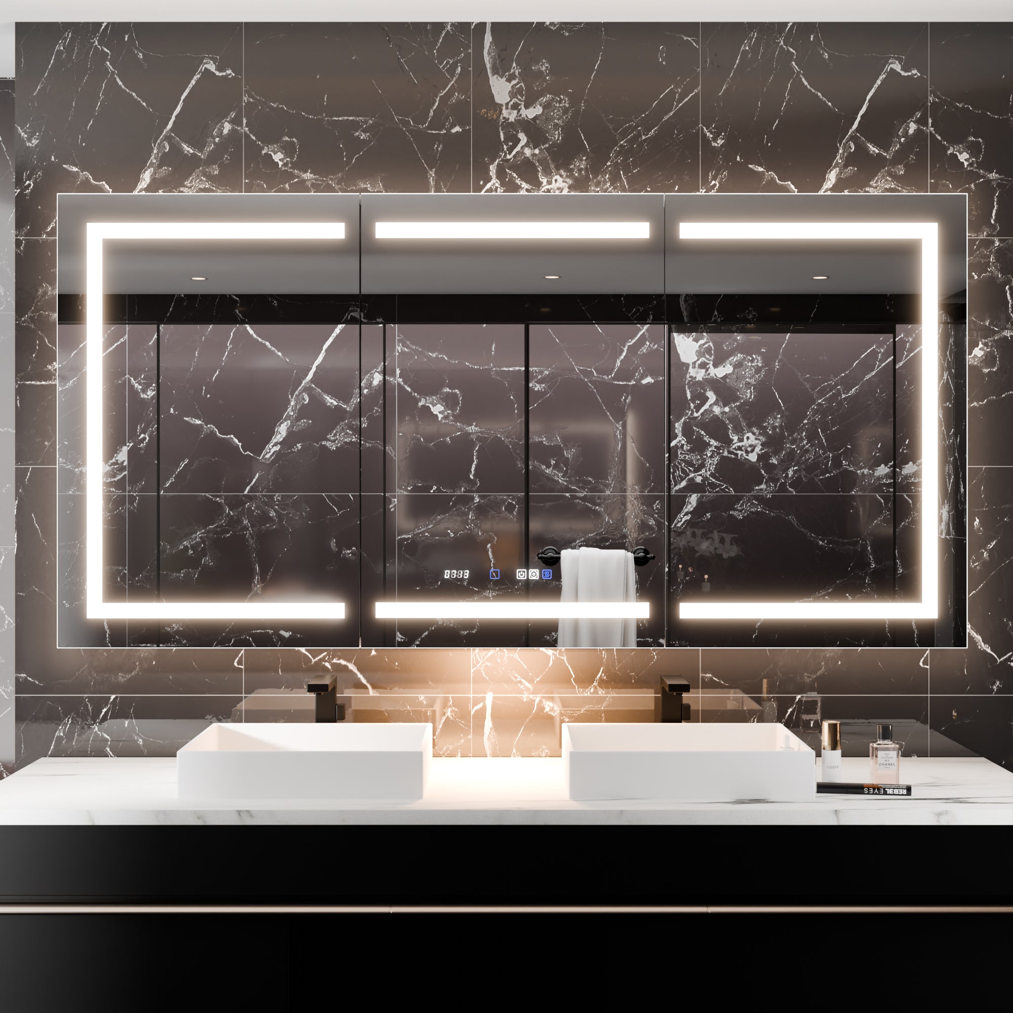 Smart Led Medicine Cabinet With Gfci Outlet & Blum Hinges, Buil Built In High Power Outlet ,72*36 Inchstepless Dimming & Anti Fog,Integrated Design,Multifunctional Bathroom Storage Silver Aluminium