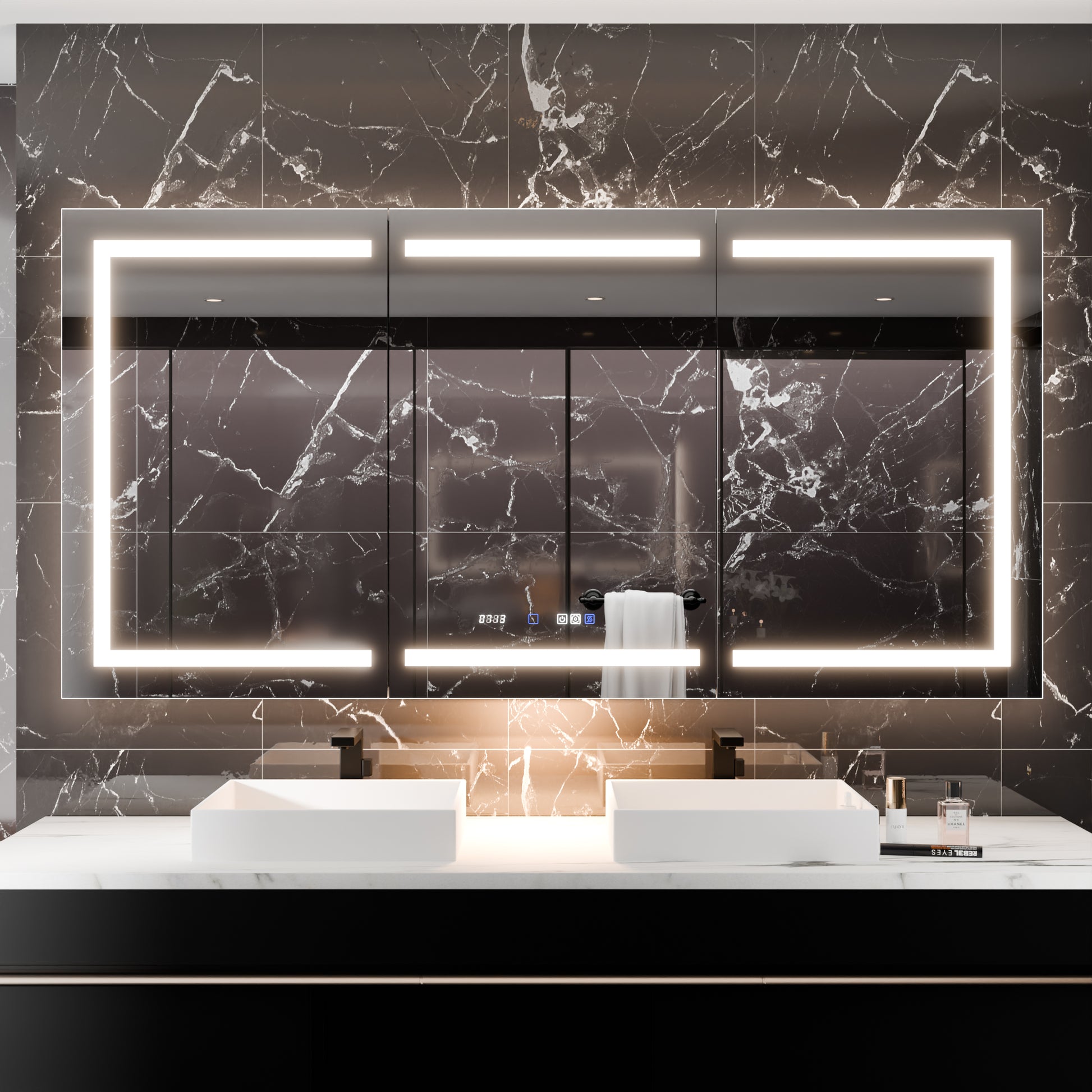 Smart Led Medicine Cabinet With Gfci Outlet & Blum Hinges, Buil Built In High Power Outlet ,72*36 Inchstepless Dimming & Anti Fog,Integrated Design,Multifunctional Bathroom Storage Silver Aluminium