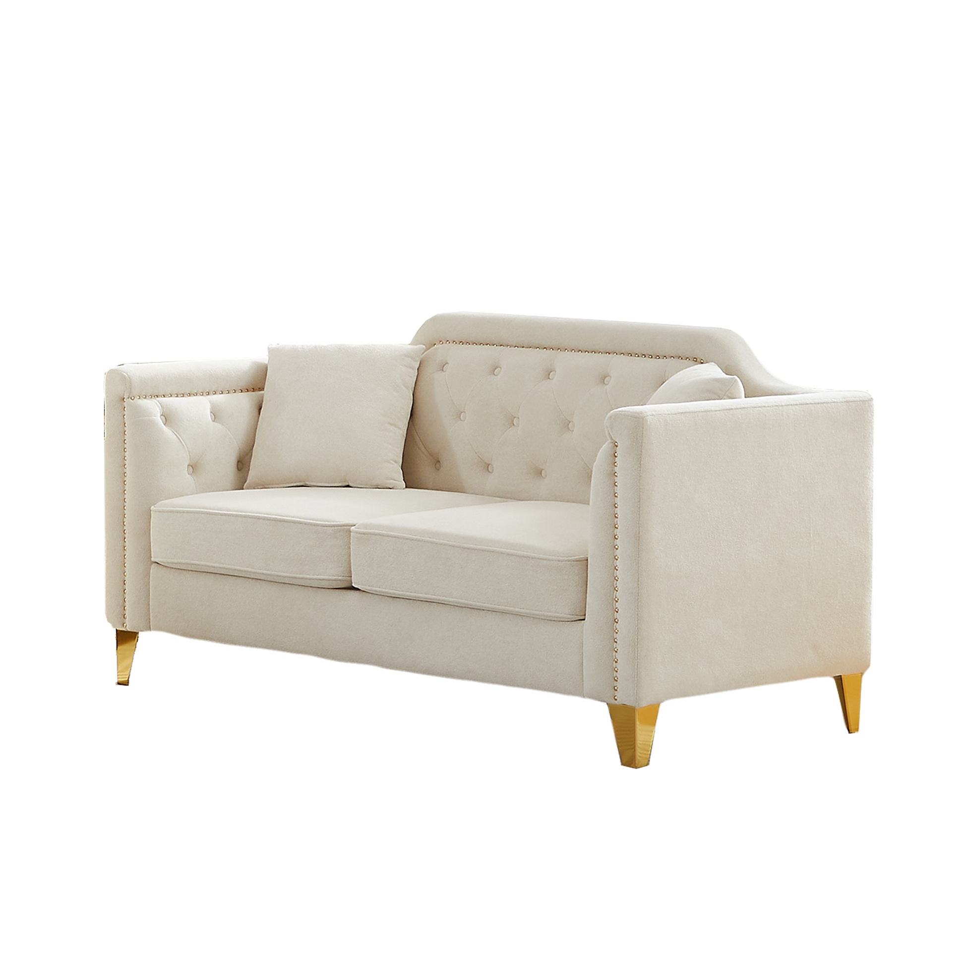 Fx 61.5"Mid Century Design Modern Sofa,Chenille Pull Buckle Design Sofa For Living Room,Buttons Tufted With Copper Nail Decoration Armrest, With 2 Pillows,Modern Couch Upholstered Button And Metal Leg Beige Chenille Wood Pine Foam Fabric 2 Seat