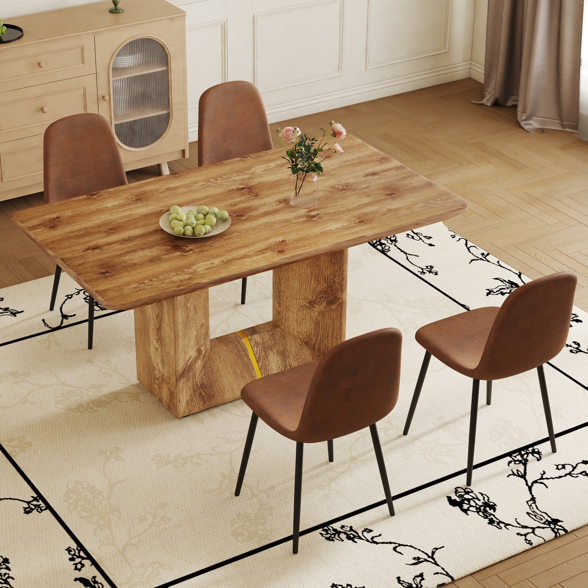 Table And Chair Set. Modern Dining Table With Mdf Top And Beautiful Mdf Legs. Comes With Brown Comfortable Chair With Seat And Metal Legs. Suitable For A Wide Range Of Decorative Styles. Brown,Wood Seats 4 Mdf