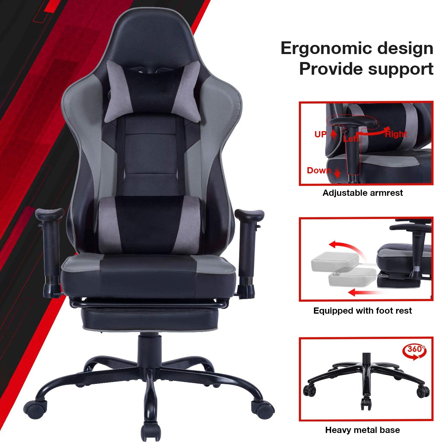 Game Chair, Ergonomiy Designed Computer Chair With Headrest And 2D Armrests, Waist Pillow Electronic Lounge Chair With Vibration Massage Function, Competitive Chair Iron Grey Cotton Leather