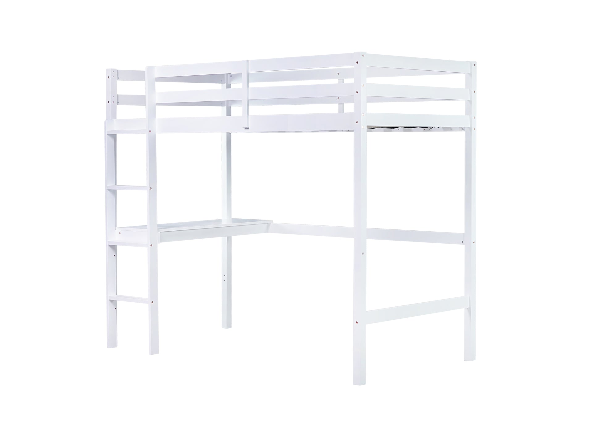 Twin High Loft Bed, Rubber Wood Loft Bed With Safety Guardrail, Built In Desk, Ladder,White Twin White Rubber Wood